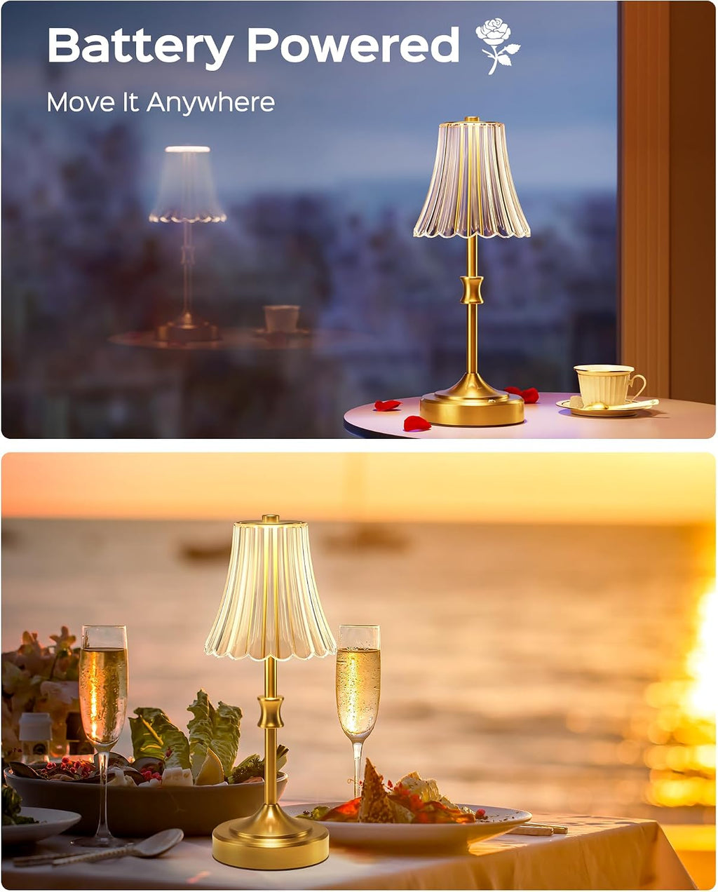 JACKYLED Vintage Cordless Table Lamp, Acrylic Crystal Flower Lamp Shade, 3 Colors Dimmable LED Golden Lamp, 5400mAh Battery Operated…