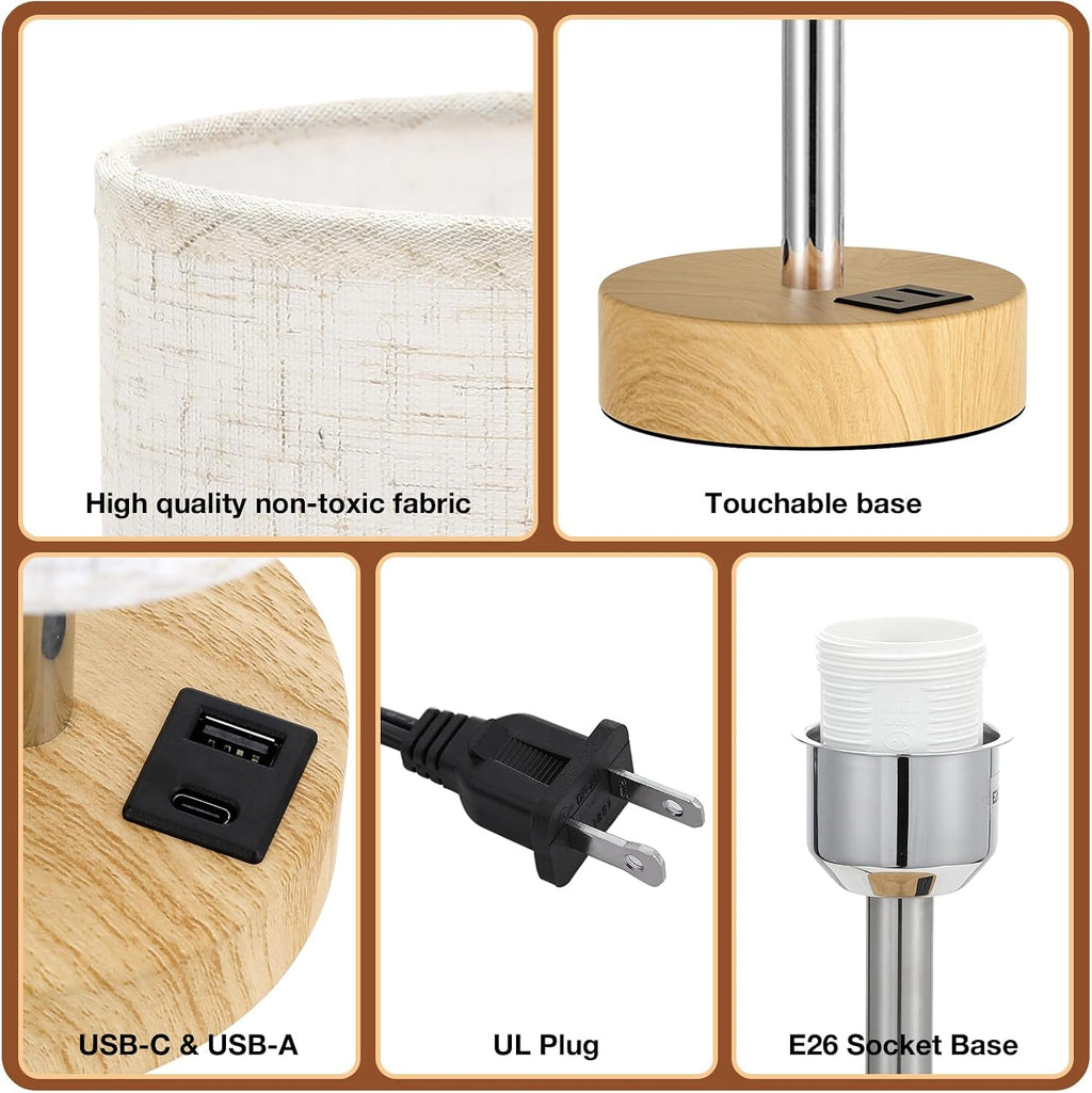 Dicoool Touch Bedside Table Lamp with USB - 3 Way Dimmable Wood Lamp for Bedroom Nightstand, Desk Lamp with Charging Station for Dorm…