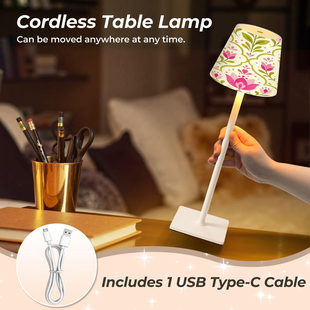 Cordless Mahjong Lamp Pink Floral Tulip Stylized Blossoms Green Leaves Cream Small LED Lamp 3 Color Dimmable Rechargeable Lamps for Mah…