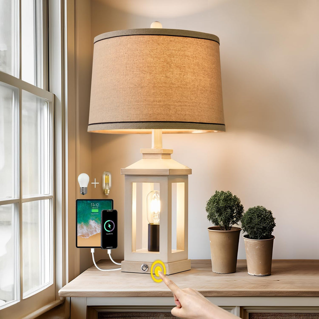 G-SAFAVA 23.75" Retro Farmhouse USB C+A Ports Table Lamp with 3 Way Dimmable Touch Control White Nightlight Vintage Modern Lamp for…