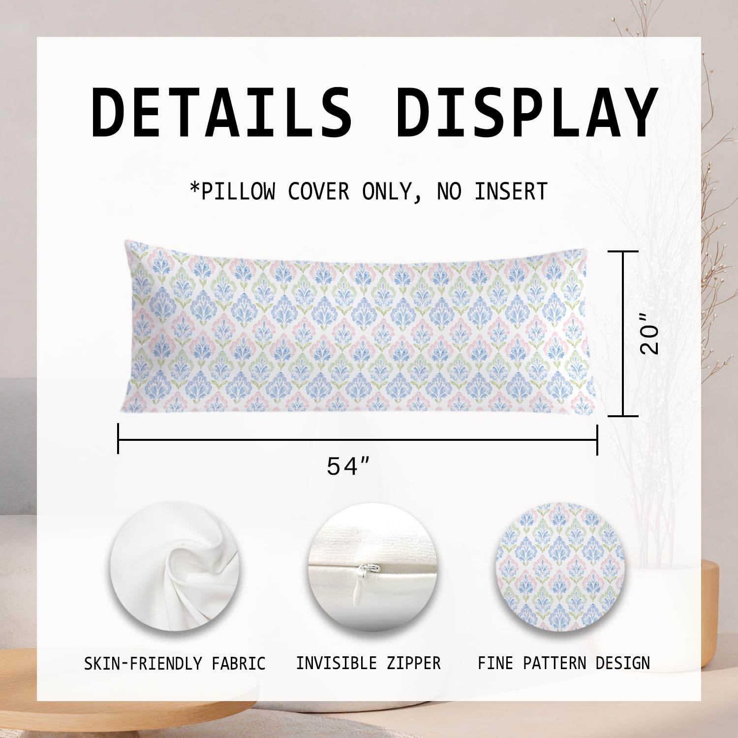 Grandmillennial Pastel Floral 20x54 Body Pillow Cover, Cottagecore Room Decor, Rustic Farmhouse Blue Flower Grand Millenial Decorative…
