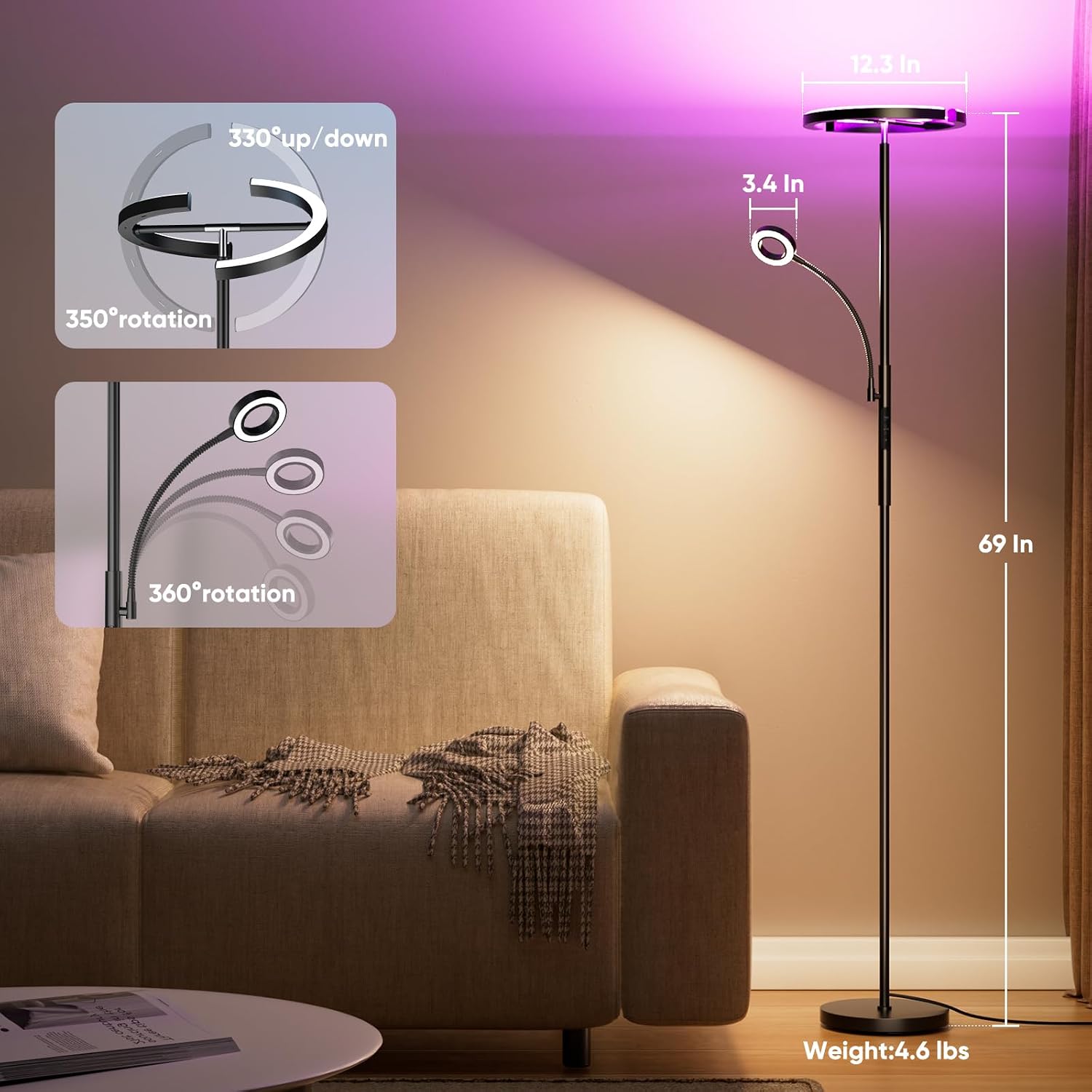 SIBRILLE Upgraded 36W RGBCW Floor Lamp with Ring Reading Lamp, Rotatable Remote Control LED Standing Lamp Dimmable Floor Light Modern…