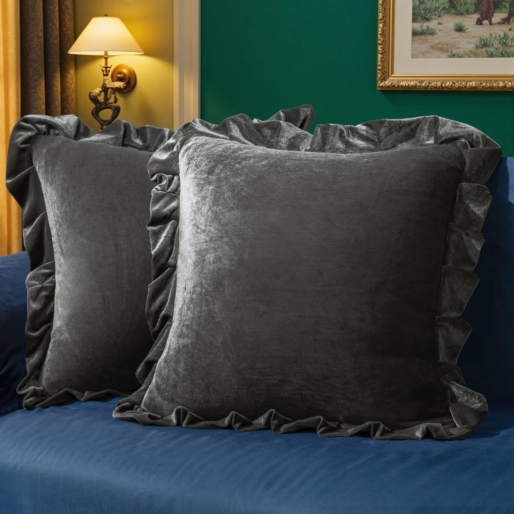 MIULEE Velvet Ruffle Throw Pillow Covers Soft Luxurious Silver Gray Pack of 2 18x18 Inch Square Cushions Vintage Gothic Decorative…
