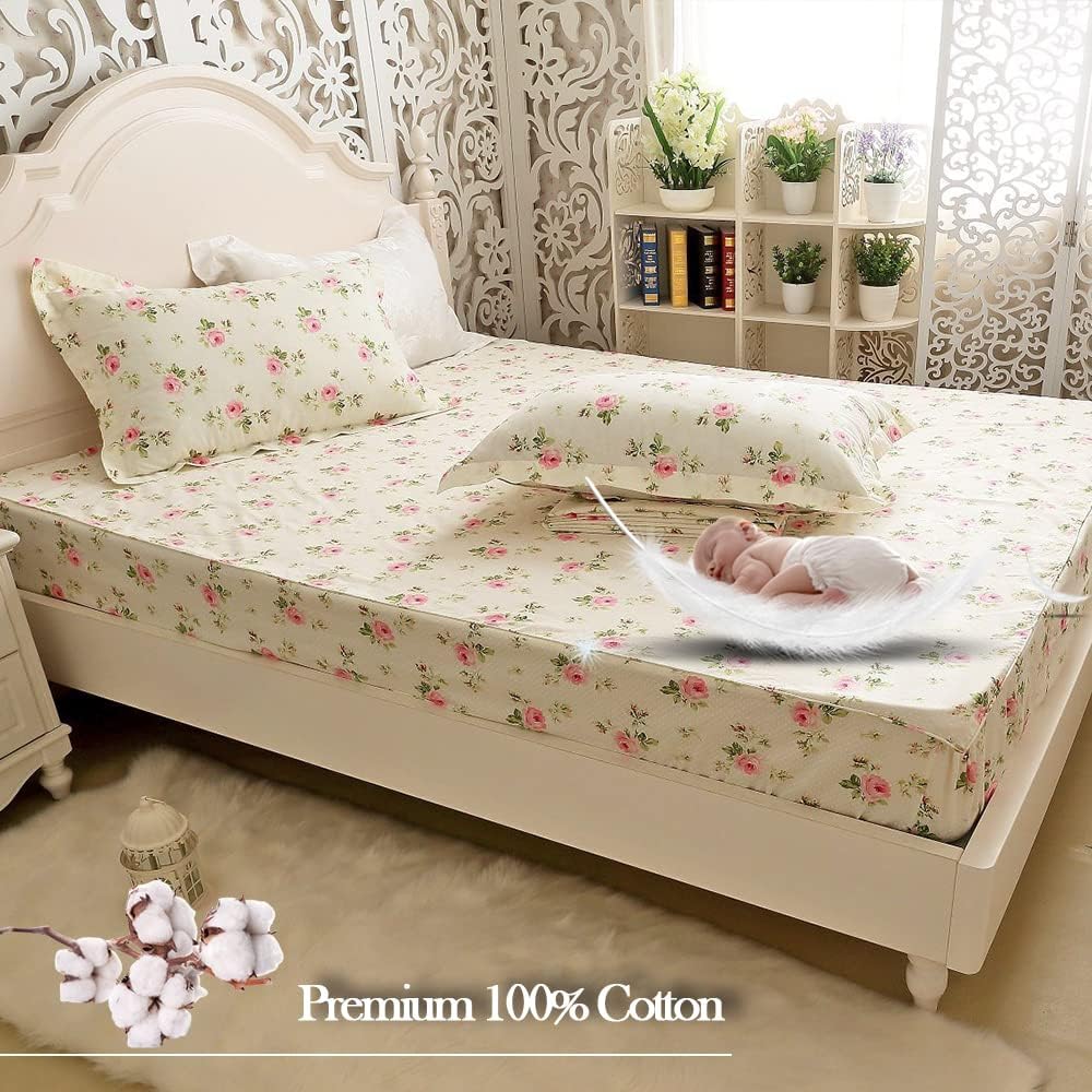FADFAY Floral Sheets for Queen Size Bed Cotton Pink Rose Bed Shees Shabby & Chic Bedding Light Yellow Rosette Print Breathable Soft…