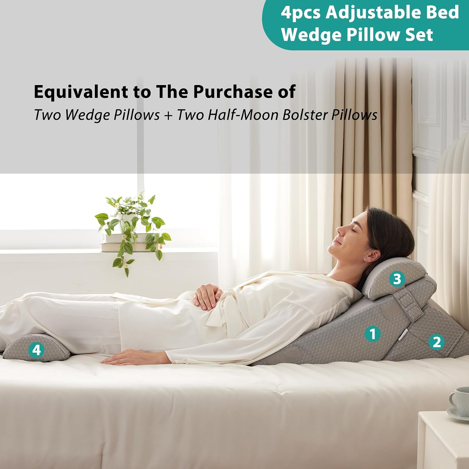 Bedluxe Adjustable 4pcs Bed Wedge Pillow Set, Memory Foam Wedge Pillows Post Surgery for Back, Neck, Leg, Pillow Wedge for Sleeping, Sitti…
