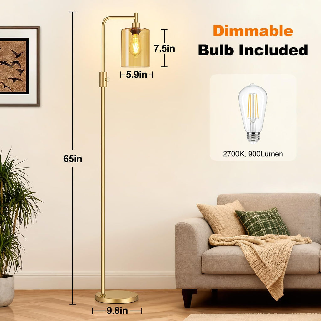Upgraded】Gold Dimmable Floor Lamp for Living Room with Amber Glass Lampshade, Glass Modern Floor Lamp with 900LM Bulb Included, Bright…