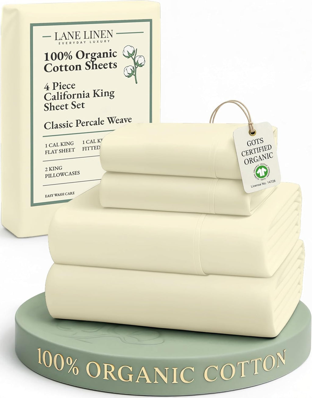 LaneLinen LANE LINEN 100% Organic Cotton California King Sheets Set, 4-Piece Soft & Comfy Luxury Hotel Style Percale Weave Bedding Sheets f…