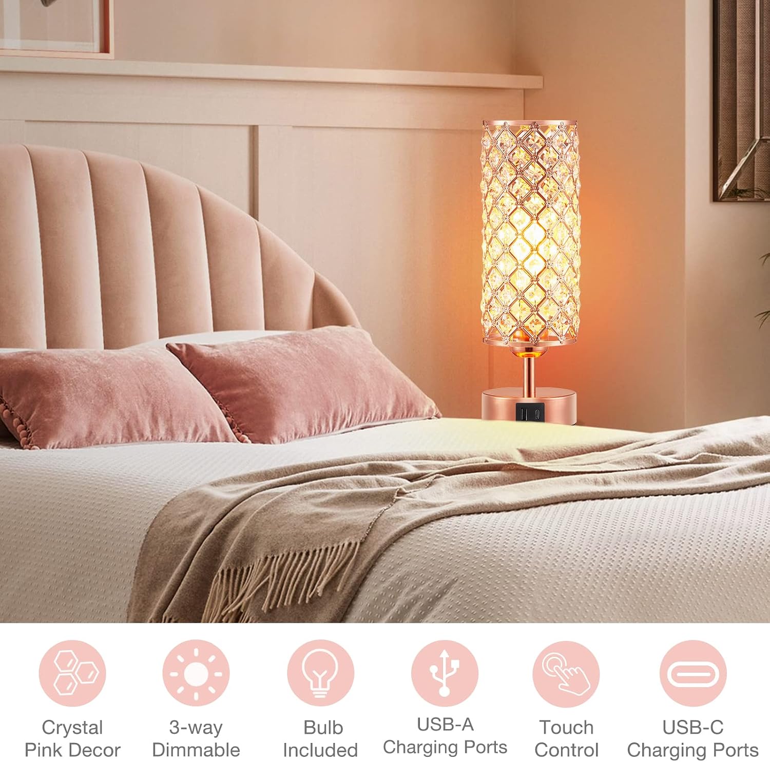 Hong-in Crystal Table Lamp - 3-Way Dimmable Touch Control, Rose Gold Bedside Lamp with USB C and A Ports, Nightstand Light for Living…