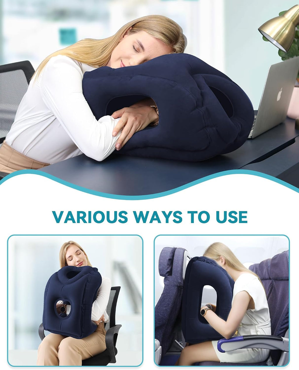 Travel Pillow, Inflatable Airplane Pillow for Sleeping Comfortably Supports Head and Chin for Airplane, Car, Bus and Office