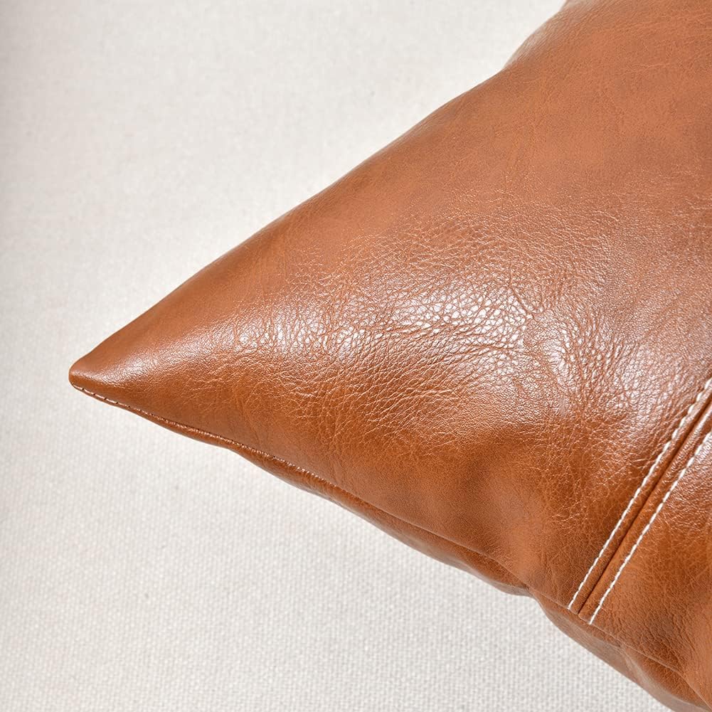 Fancy Homi Brown Boho Faux Leather Decorative Throw Pillow Covers 16x16 Inch for Living Room Couch Bed, Hand Stitched Accent Square…