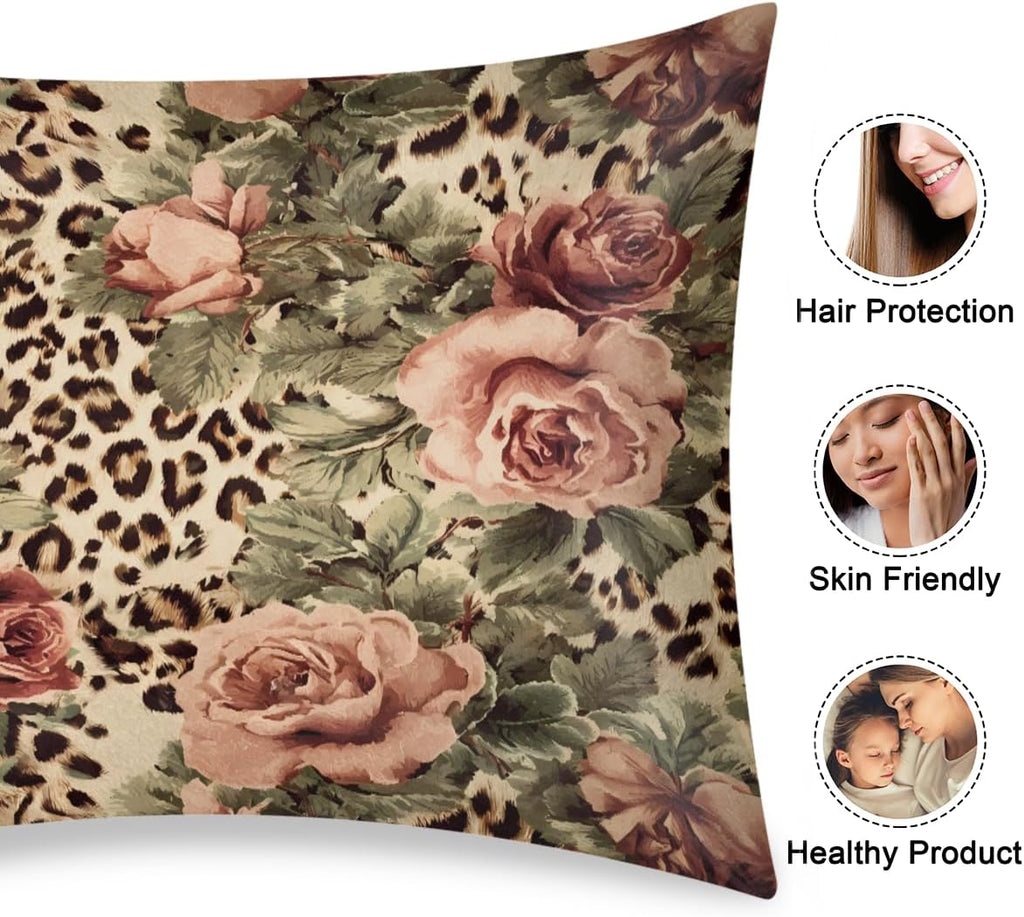 Satin Pillowcase for Hair and Skin, Standard Size Animal Tiger Leopard Print Rose Flower Decorative Pillow Sham with Envelope Closure…