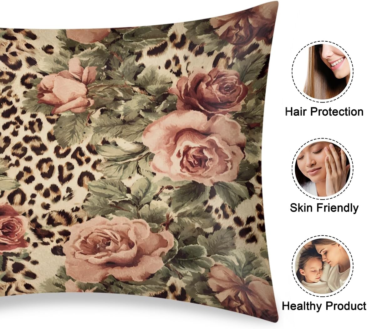 Satin Pillowcase for Hair and Skin, Standard Size Animal Tiger Leopard Print Rose Flower Decorative Pillow Sham with Envelope Closure…