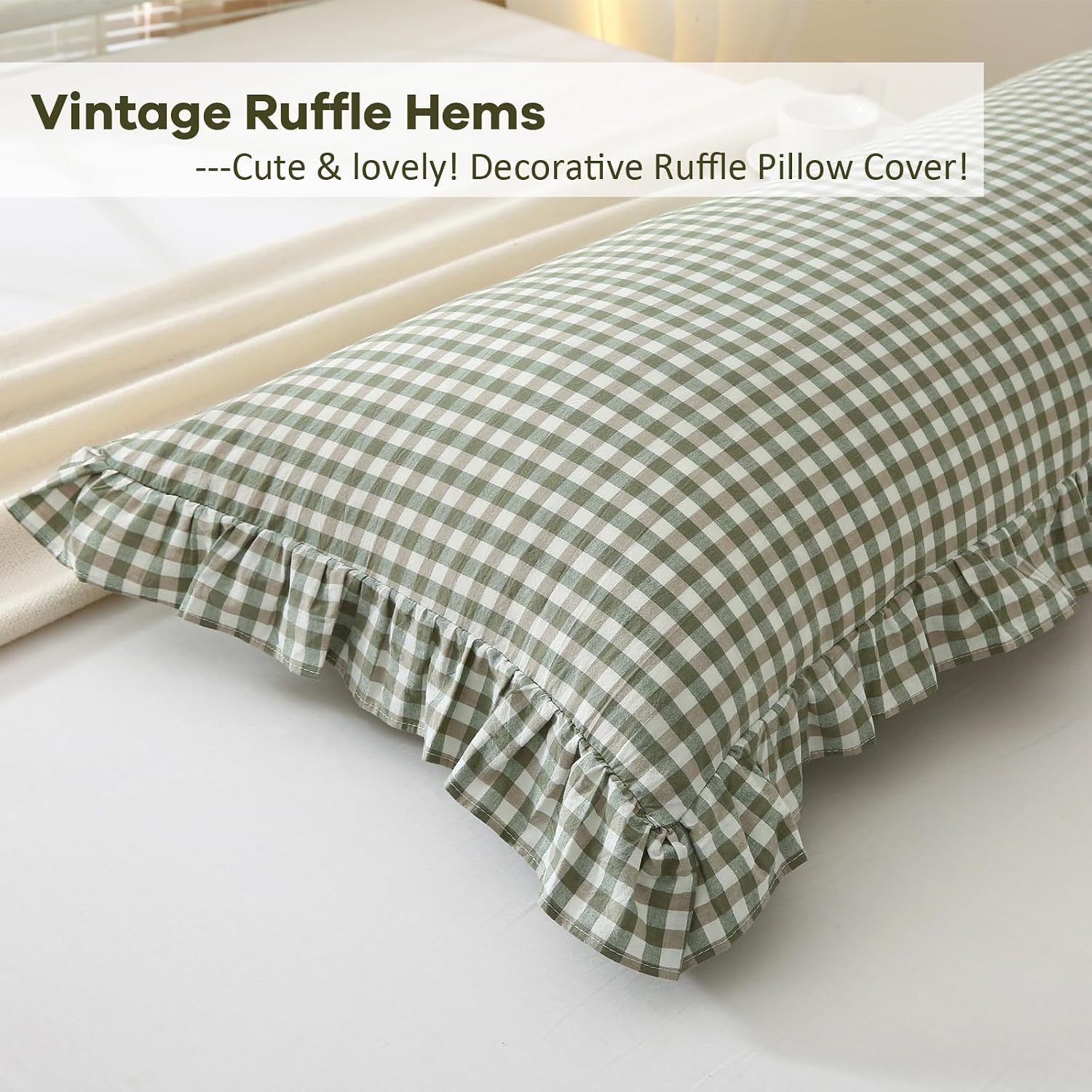 Kmasaniji Sage Green White Plaid Gingham Body Pillow Cover with Ruffles, 100% Washed Cotton Rustic French Country Vintage Pillow Shams for…