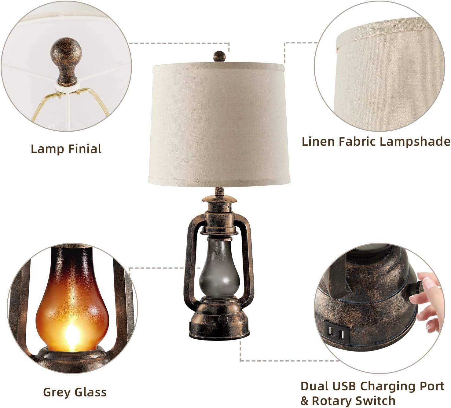 Farmhouse Rustic Table Lamps for Bedroom Set of 2, Vintage Lantern Lamp with Dual USB Charging Ports,25" Retro Antique Bedside Nightstand…