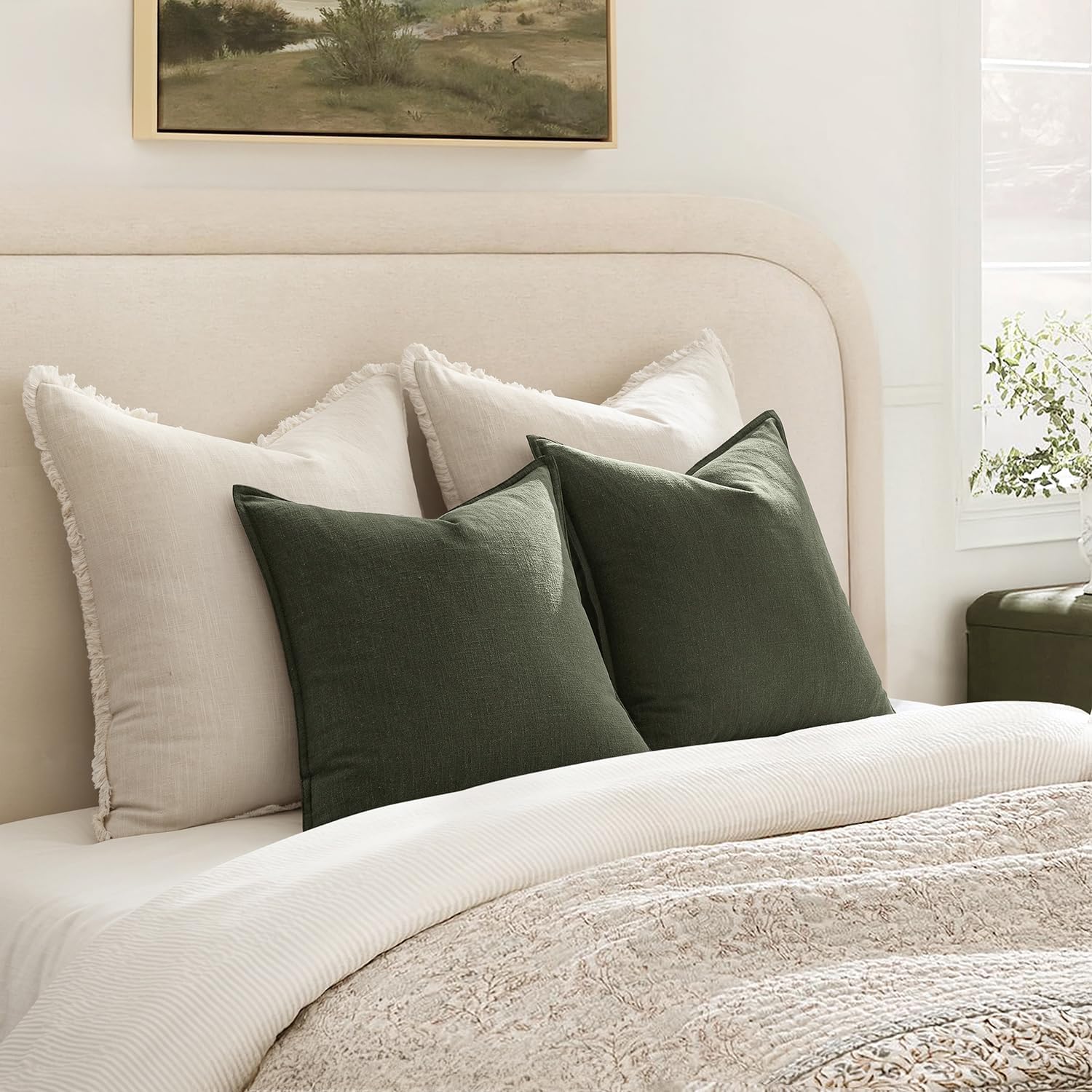 Anroduo Pack of 2 Decorative Linen Pillow Covers Rifle Green Euro Sham Neutral Farmhouse Boho Soild Cushion Case Soft Accent Pillowcase for…