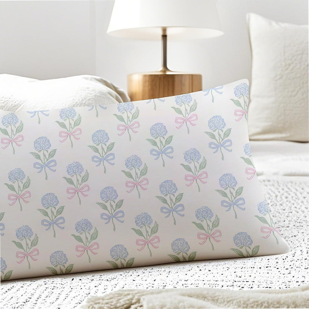 Coquette Pink and Blue Bow Hydrangea Floral 20x54 Body Pillow Cover, Coastal Grandma Decor, Cottagecore Blue and Green Botanical Flower…