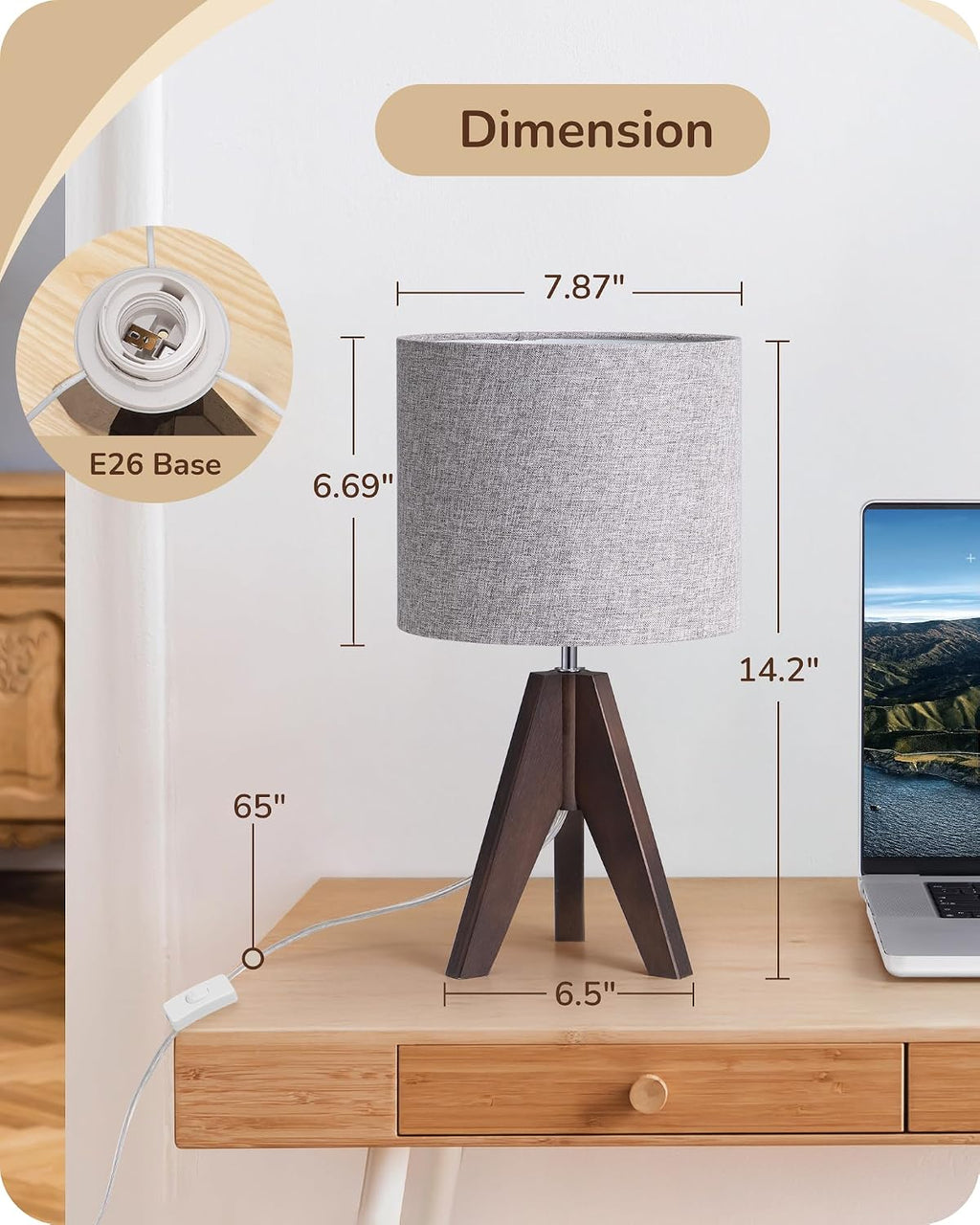 EDISHINE Boho Small Table Lamp, Walnut Color Wooden Tripod Bedside Lamp, Farmhouse Nightstand Lamp for Nursery, Bedroom, Office, Kid…
