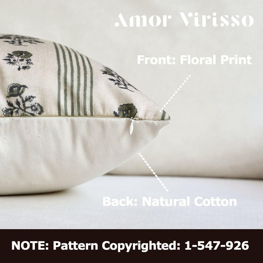AffordableFloralPrintMaker Amor Virisso Floral Throw Pillow Covers 20x20 Set of 2 Block Print Pillow Covers Neutral Floral Striped Farmhous…