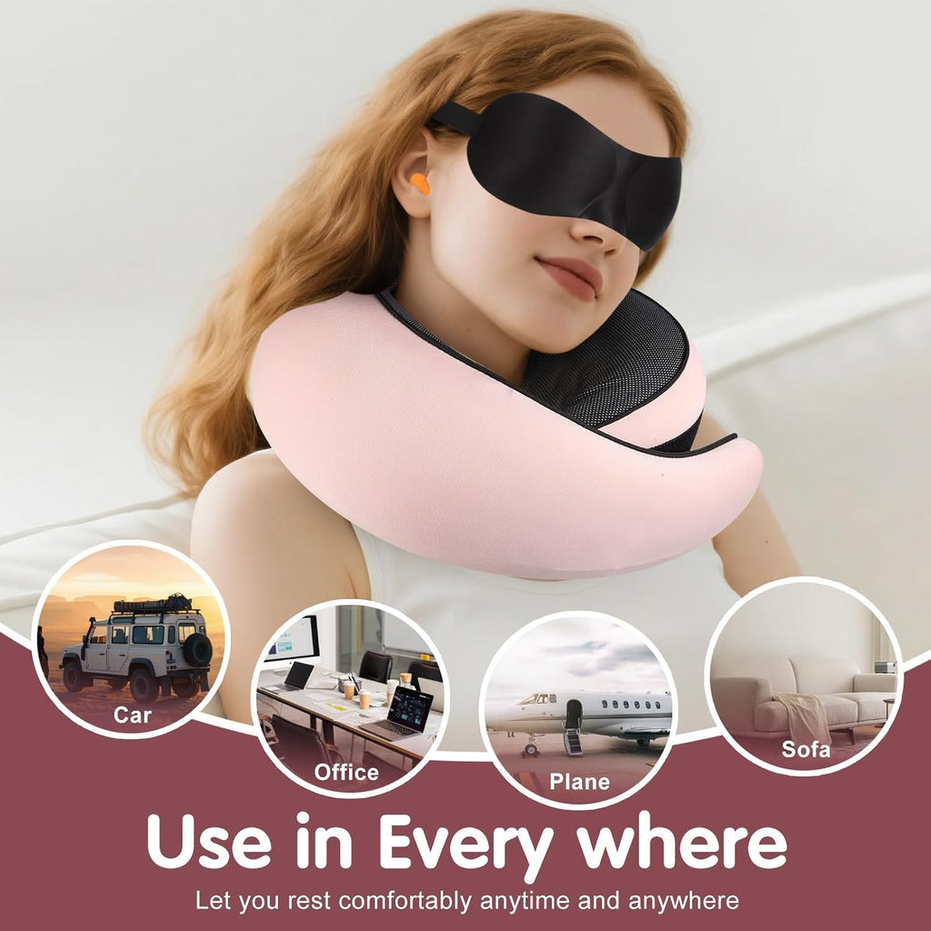 OrganizeItSimplifyYourSpac Travel Neck Pillow, Memory Foam Neck Support for Airplane, Car & Office, Breathable Portable Design with Eye Mas…