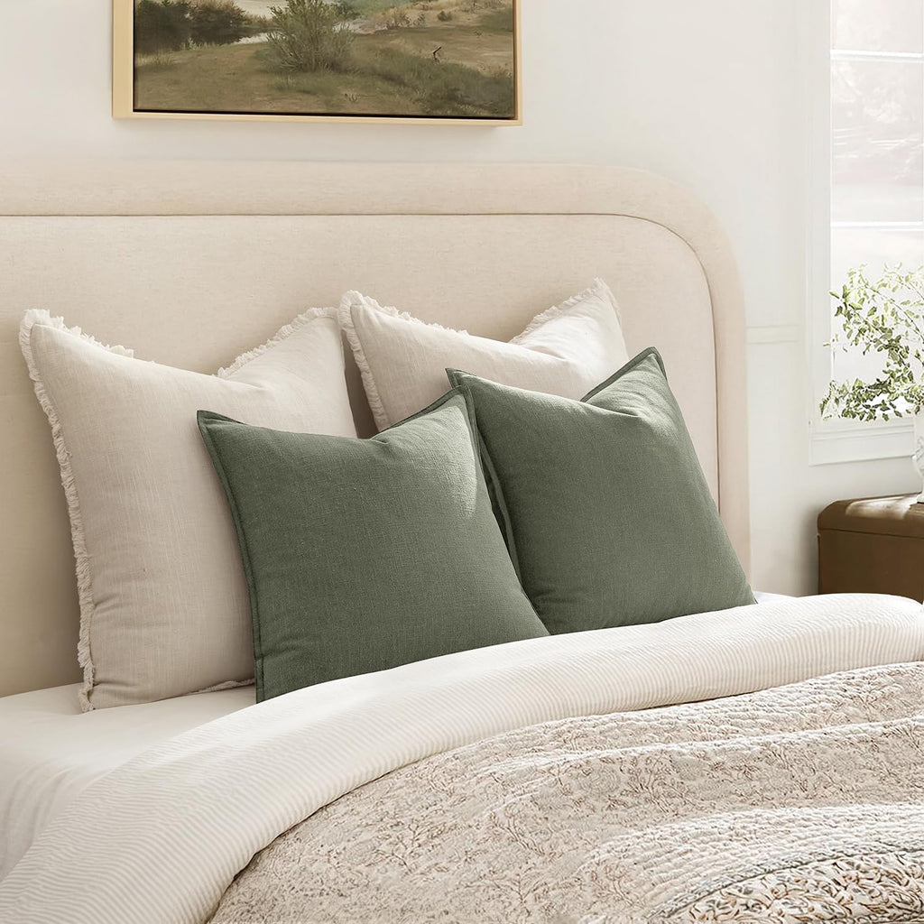 Anroduo Pack of 2 Decorative Linen Pillow Covers Olive Green Neutral Farmhouse Boho Soild Cushion Case Soft Accent Pillowcase for Couch Sof…