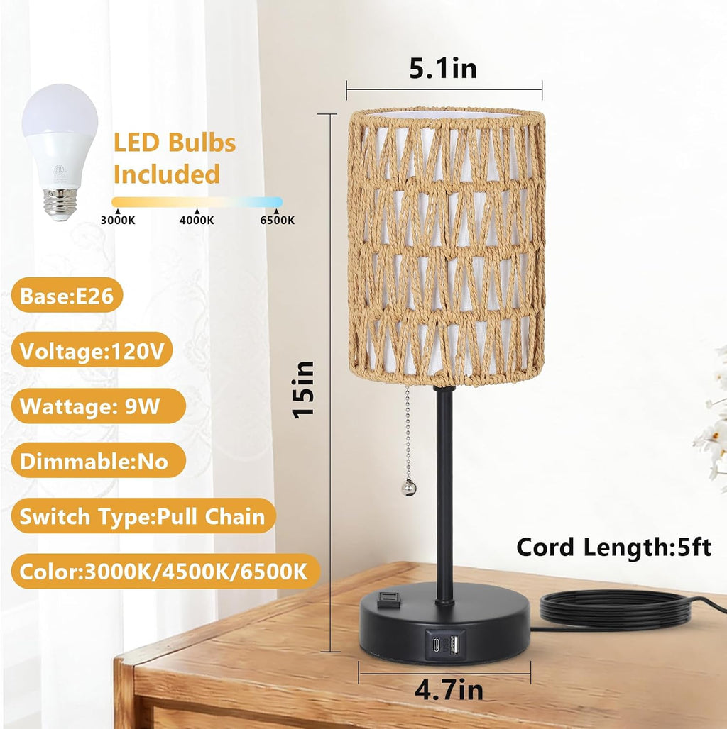 Rattan Bedside Table Lamps Set of 2 - Boho Lamps With 3 Color Temperatures & USB AC Port, Pull Chain Table Lamp For Bedroom, Cute Small…