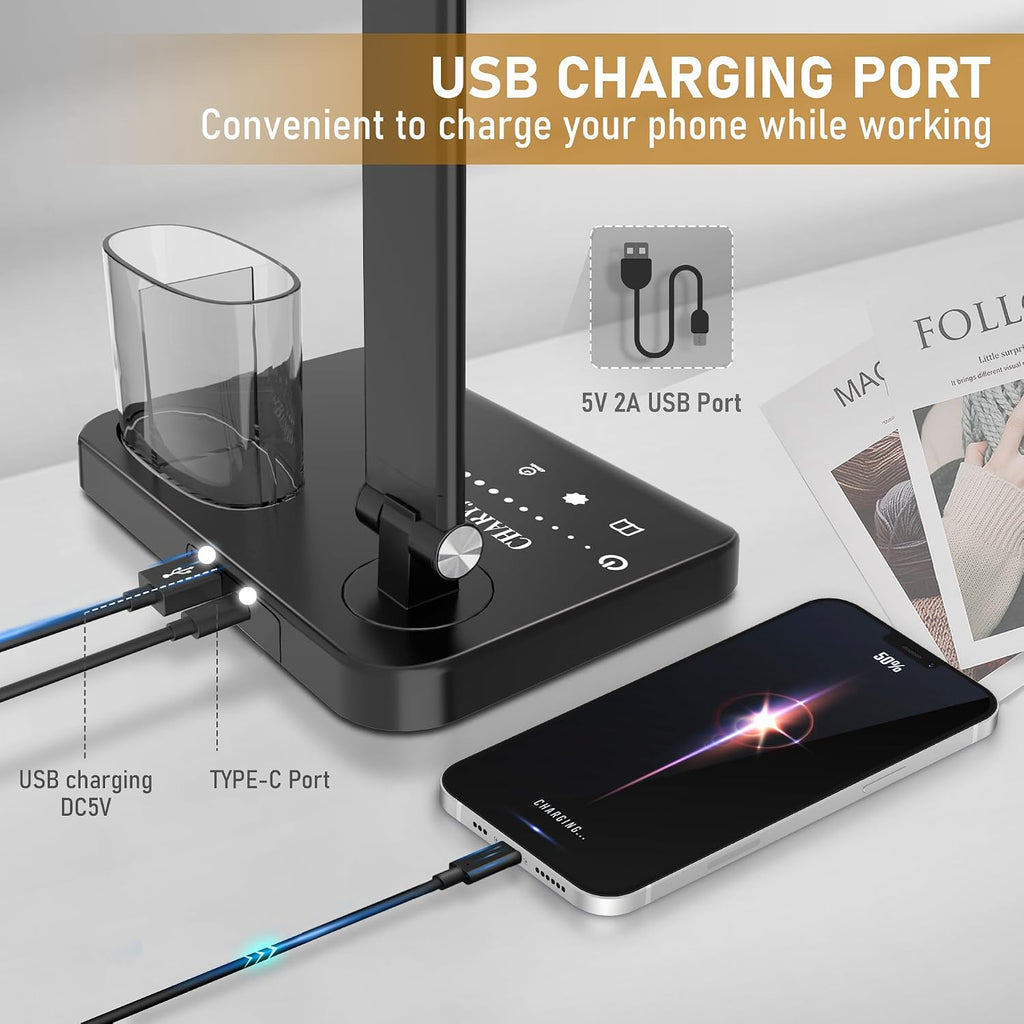 Dimmable LED Desk Lamp with USB Charging Port, 50 Lighting Modes Dual Swing Arm Architect Table Lamp Light Desk Lamp for Home Office Dorm…