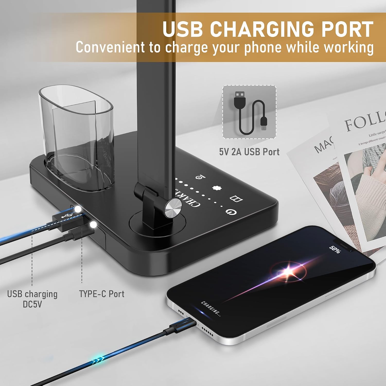 Dimmable LED Desk Lamp with USB Charging Port, 50 Lighting Modes Dual Swing Arm Architect Table Lamp Light Desk Lamp for Home Office Dorm…