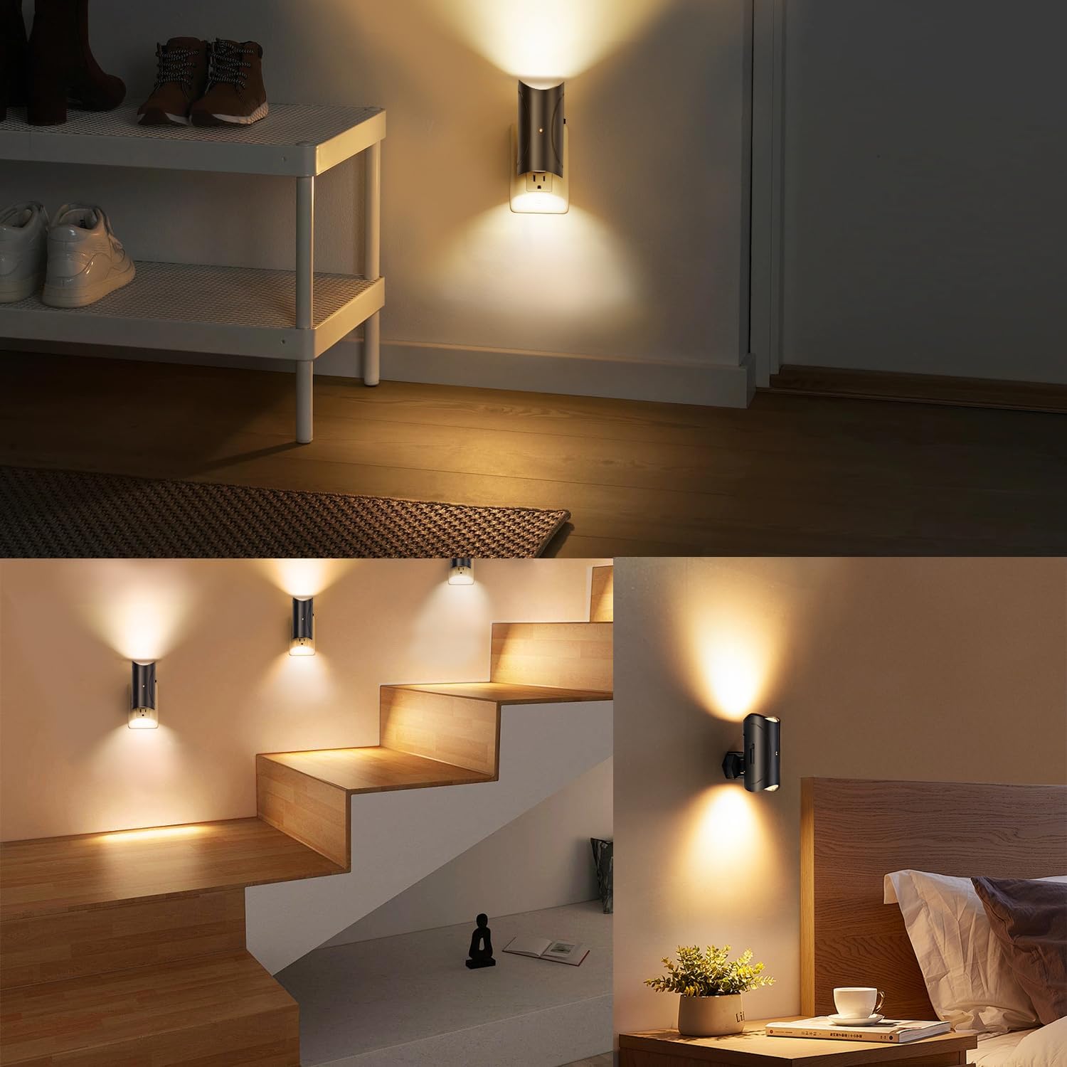 Aora Night Light, Plug-in Wall Mount with Dusk to Dawn Sensor, Set of 2, Black