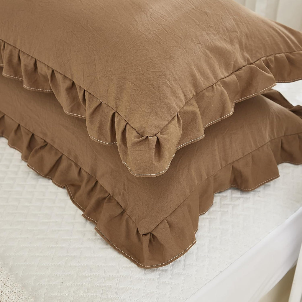 Merryword Brown Ruffle Standard Pillow Shams 20x26inch - Cute Coffee Pillowcases Set of 2 - Shabby Chic Soft Cover 2 Pack 2 Pack