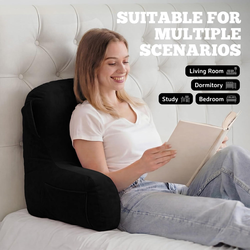 Unisakey Portable Comfy Reading Pillows for Bed Sitting Up(Black Oeko-Tex), Velvet Back Pillow with Arms & Pockets for Adults, Support…