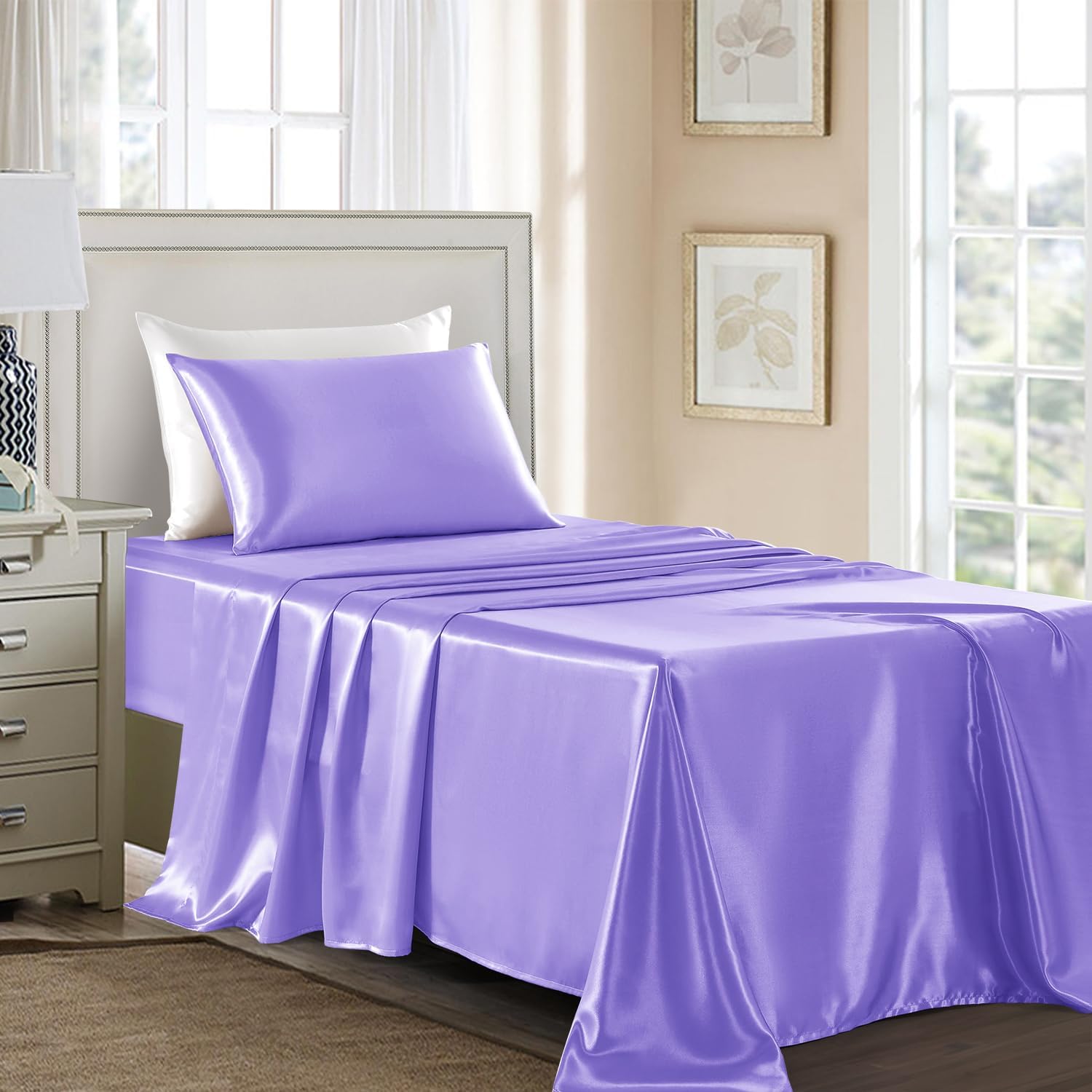 Golal Satin Sheets Twin Size - 3 Pieces Luxury Silky Soft Bed Sheets for Kids, Wrinkle-Free Lavender Satin Silk Sheet Set with 1 Deep Pocke…
