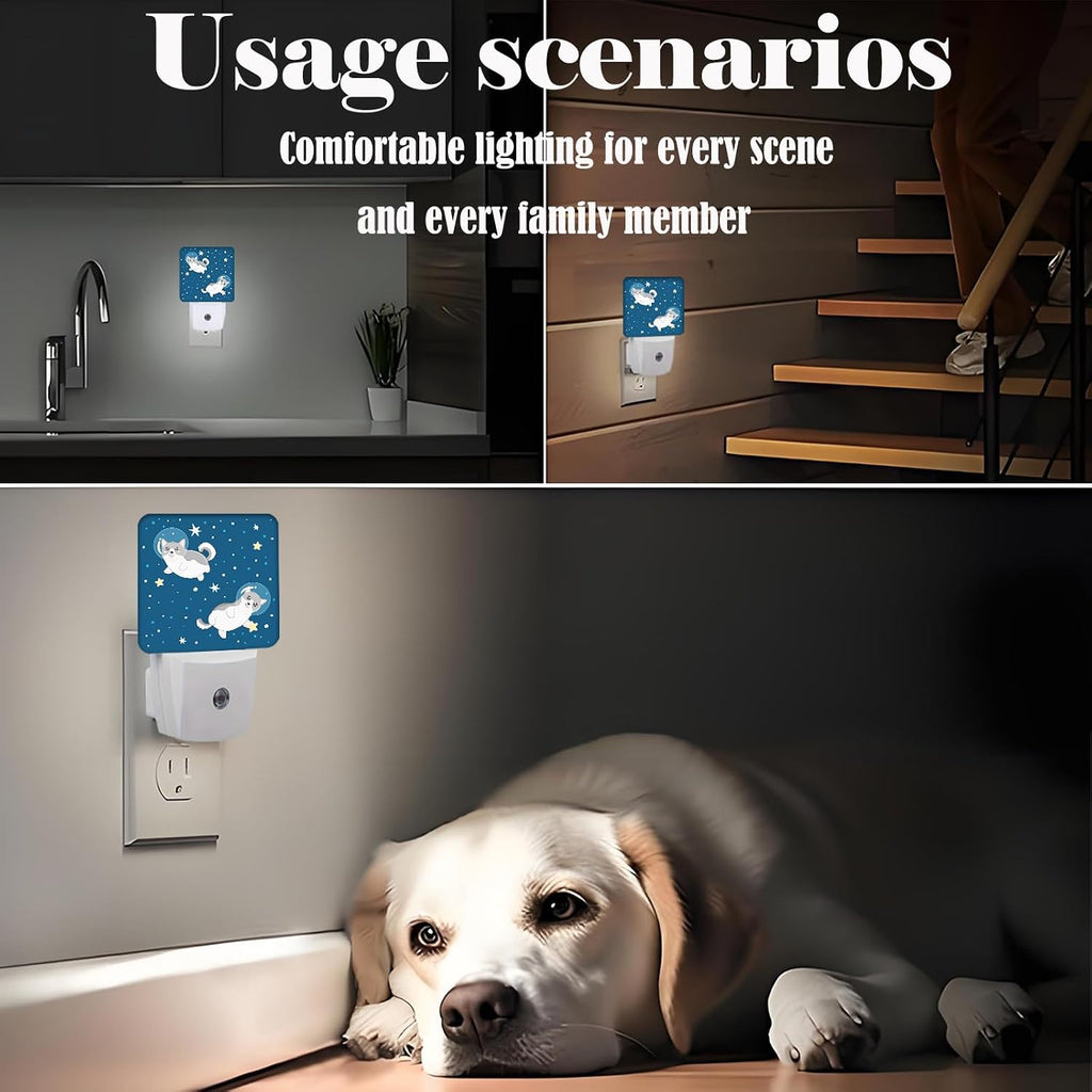 Cute Husky Astronauts on Space Night Light, Plug-in Night Lights with Dusk-to-Dawn Sensor for Stairway, Hallway, Bedroom Sleep Friendly…