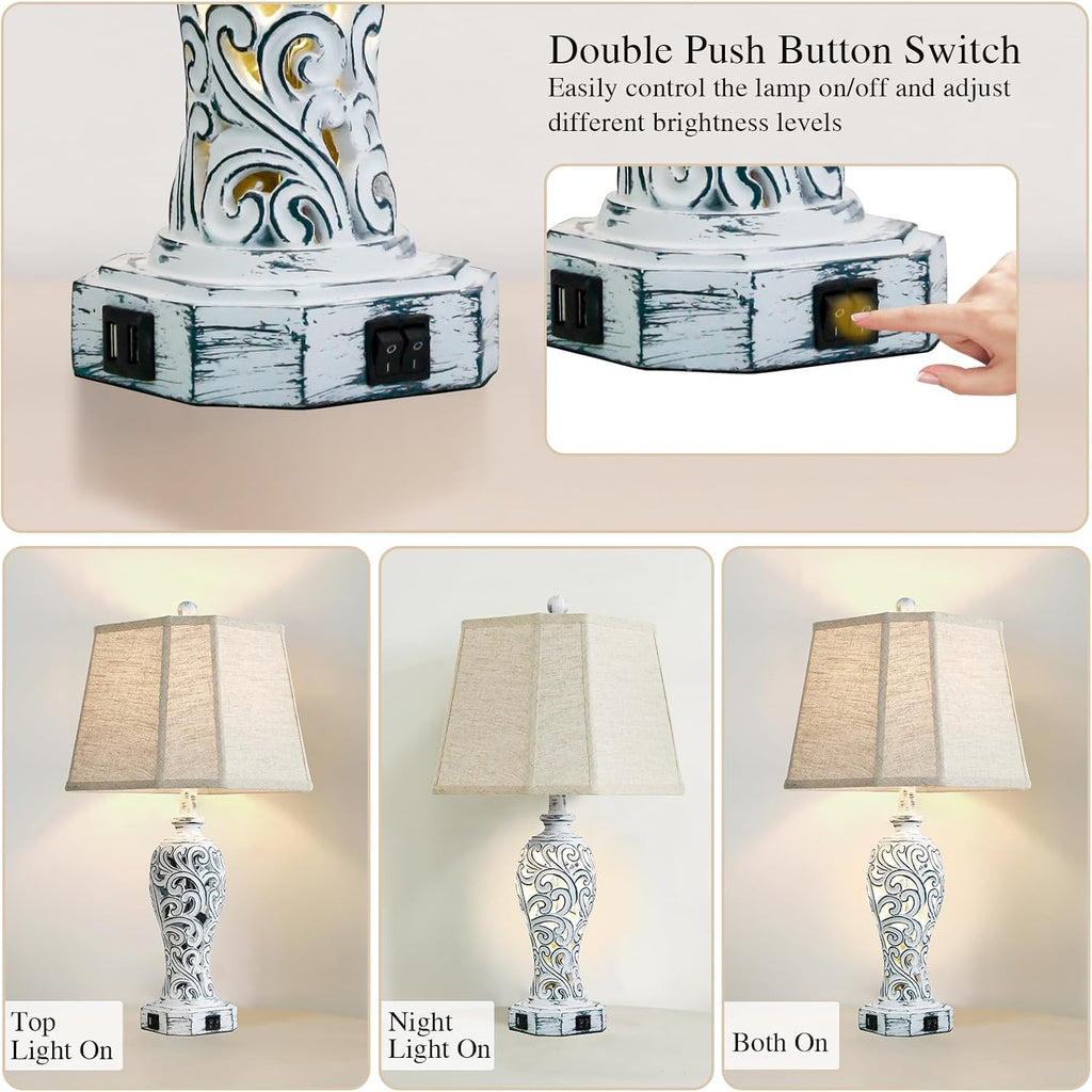 25'' Farmhouse Table Lamps Set of 2 for Living Room Bedroom, 2 USB Ports Rustic Vintage Nightstand Table Lamp with Nightlight, Hollow Out…