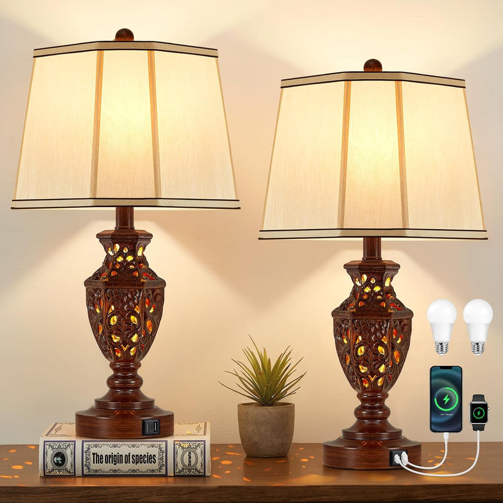 EJIAXIN Lamps for Night Stands Set of 2-23.5" Vintage Bedside Lamp with USB A+C and Nightlight - Brown Retro Carved Resin Farmhouse Desk…