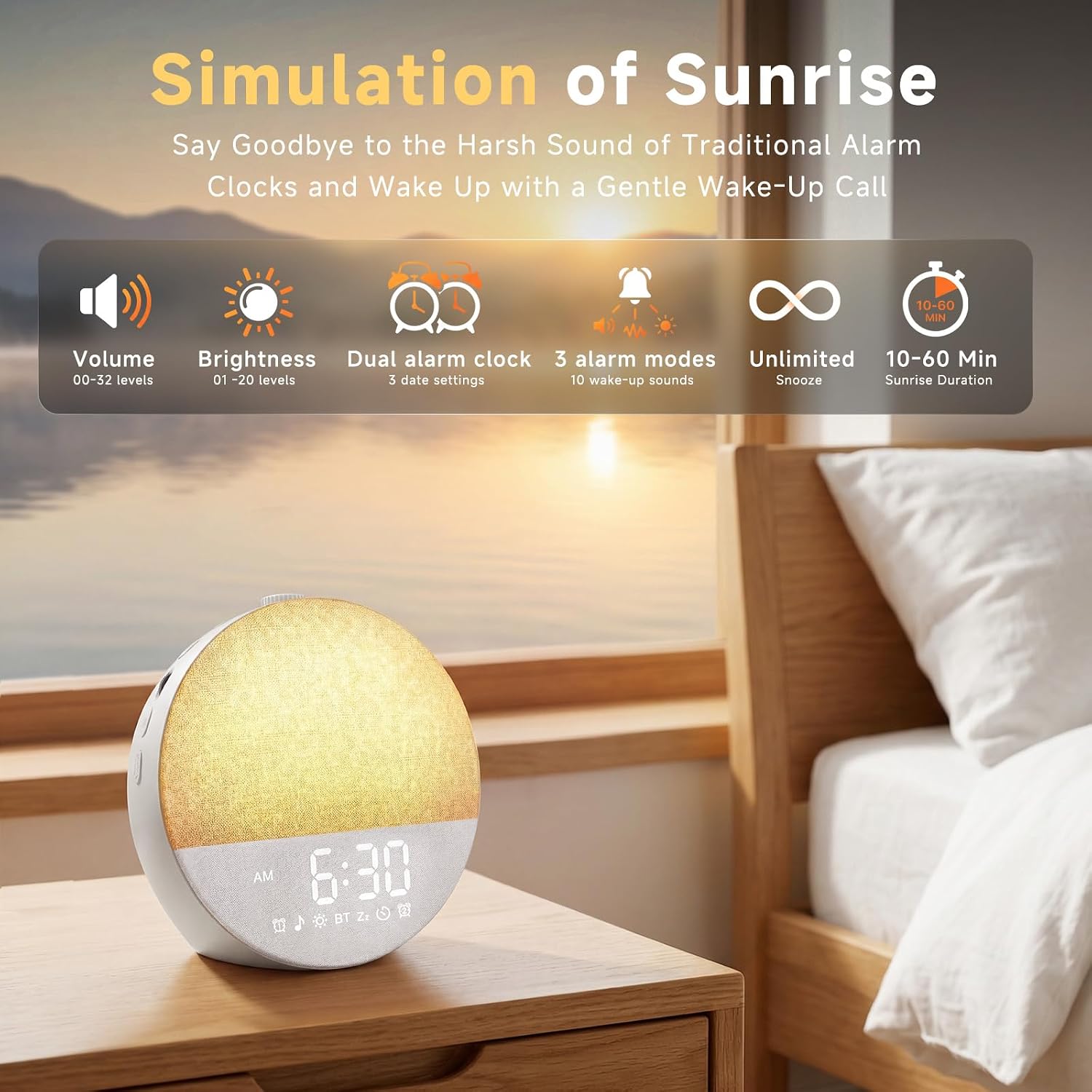 Geuuap Sunrise Alarm Clock White Noise Machine | Natural Wake-Up Light for Bedroom with 30 Soothing Sleep Aids, Bluetooth Speaker…