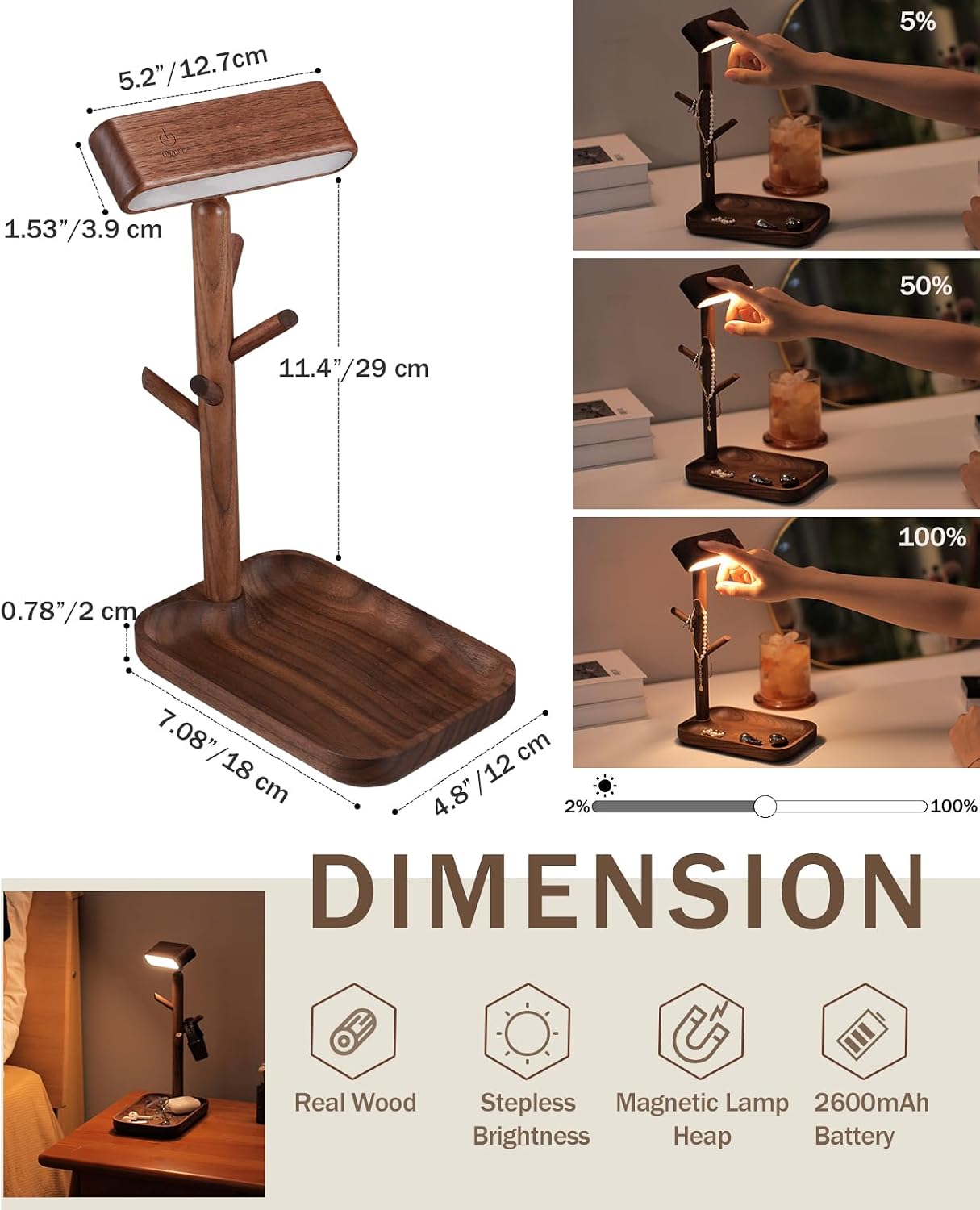Wooden Table Lamp, Tree Trunk Rechargeable LED Bedside Lamp with Jewelry Tray, 360° Rotating Cordless Lamp for Nightstand or Entryway…