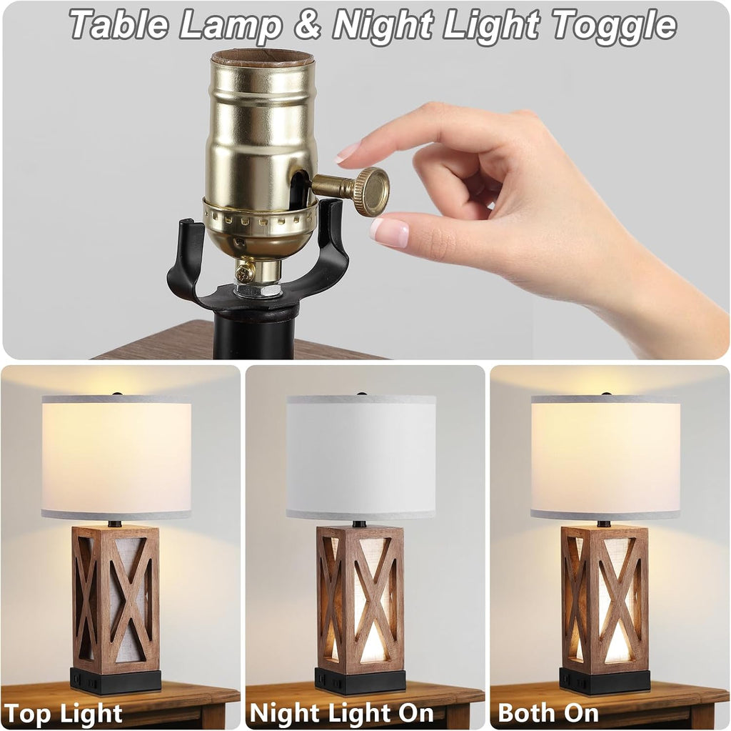 Set of 2 Wood Table Lamp with 3 Color Temperatures, Nightstand Table Lamp with AC Outlet, USB A & C Charging Port, Bedside Lamps for…