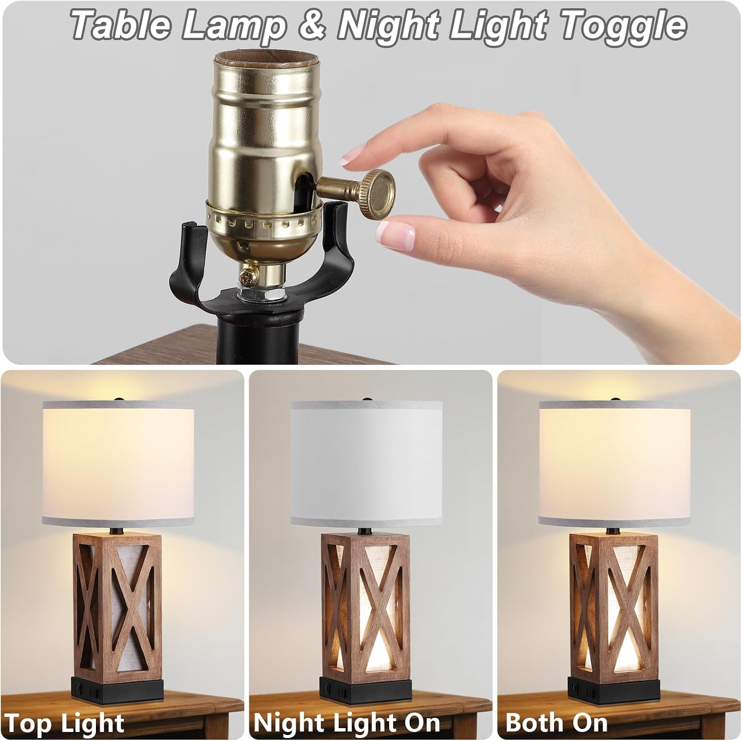 Set of 2 Wood Table Lamp with 3 Color Temperatures, Nightstand Table Lamp with AC Outlet, USB A & C Charging Port, Bedside Lamps for…