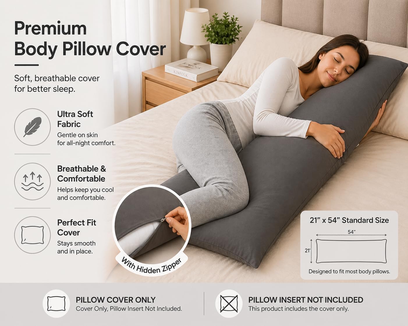 EVOLIVE Ultra Soft Microfiber Body Pillow Cover/Pillowcases 21"x54" with Hidden Zipper Closure (21"x54" Body Pillow Cover, Charcoal Grey)