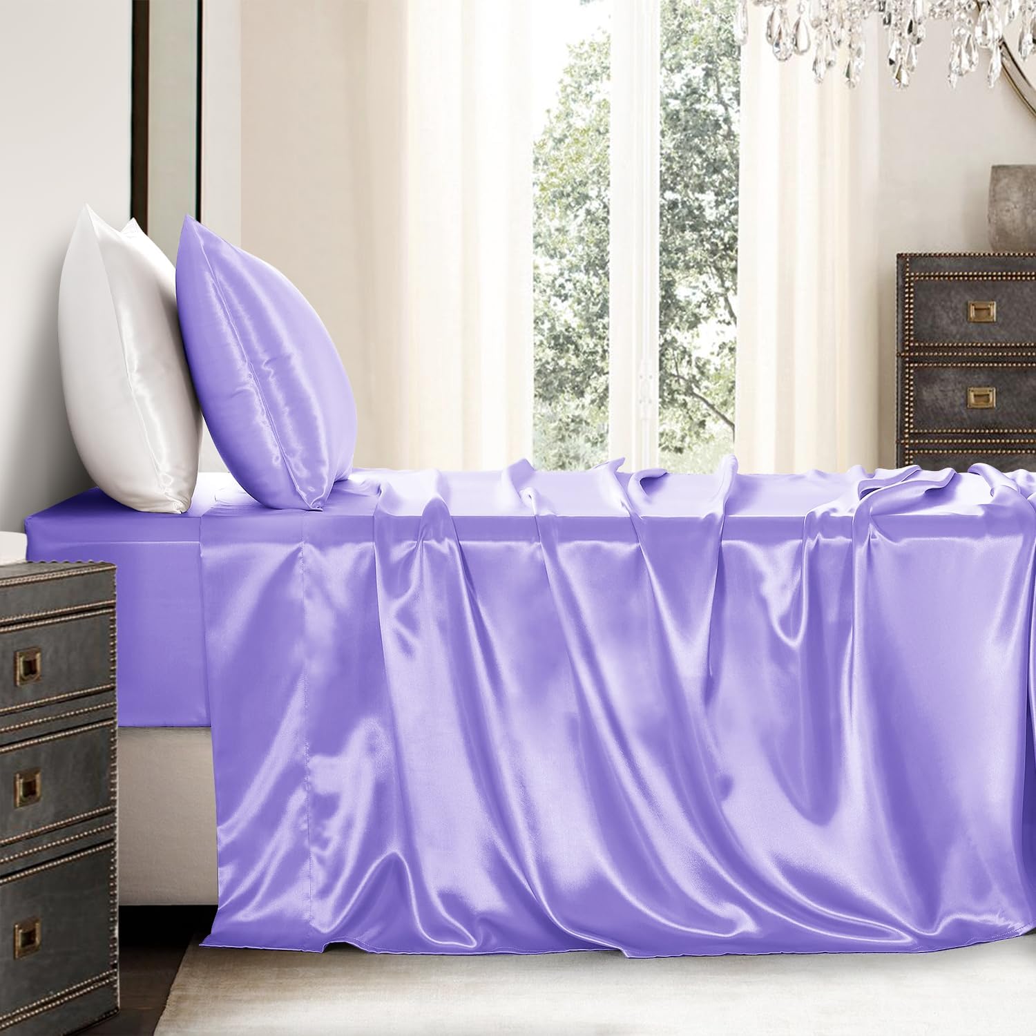 Golal Satin Sheets Twin Size - 3 Pieces Luxury Silky Soft Bed Sheets for Kids, Wrinkle-Free Lavender Satin Silk Sheet Set with 1 Deep Pocke…