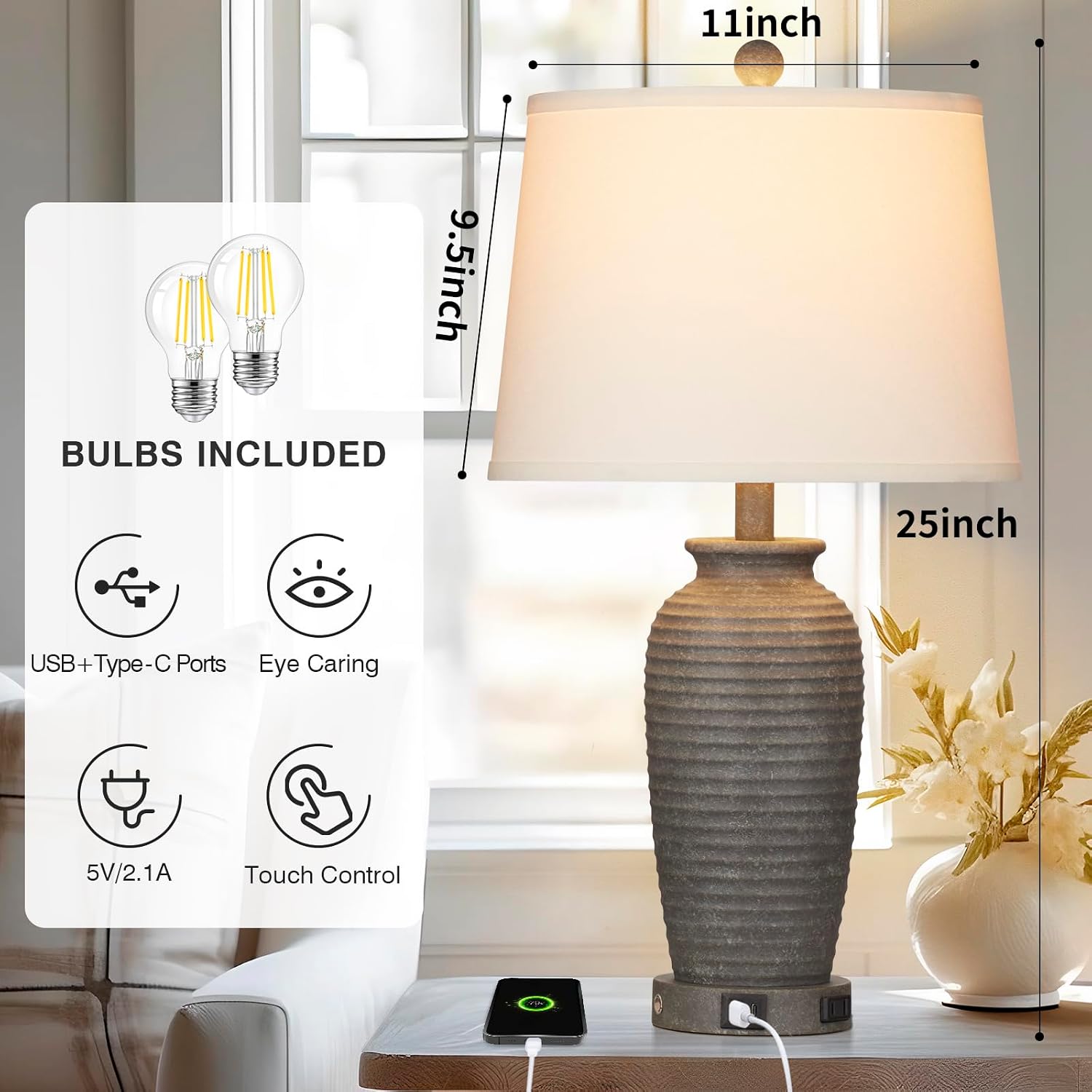 CINSARY 25" Farmhouse Jar Table Lamps Set of 2, 3 Way Touch Control Rustic Bedside Lamps with USB A+C Ports & AC Outlet, Pot Nightstand…