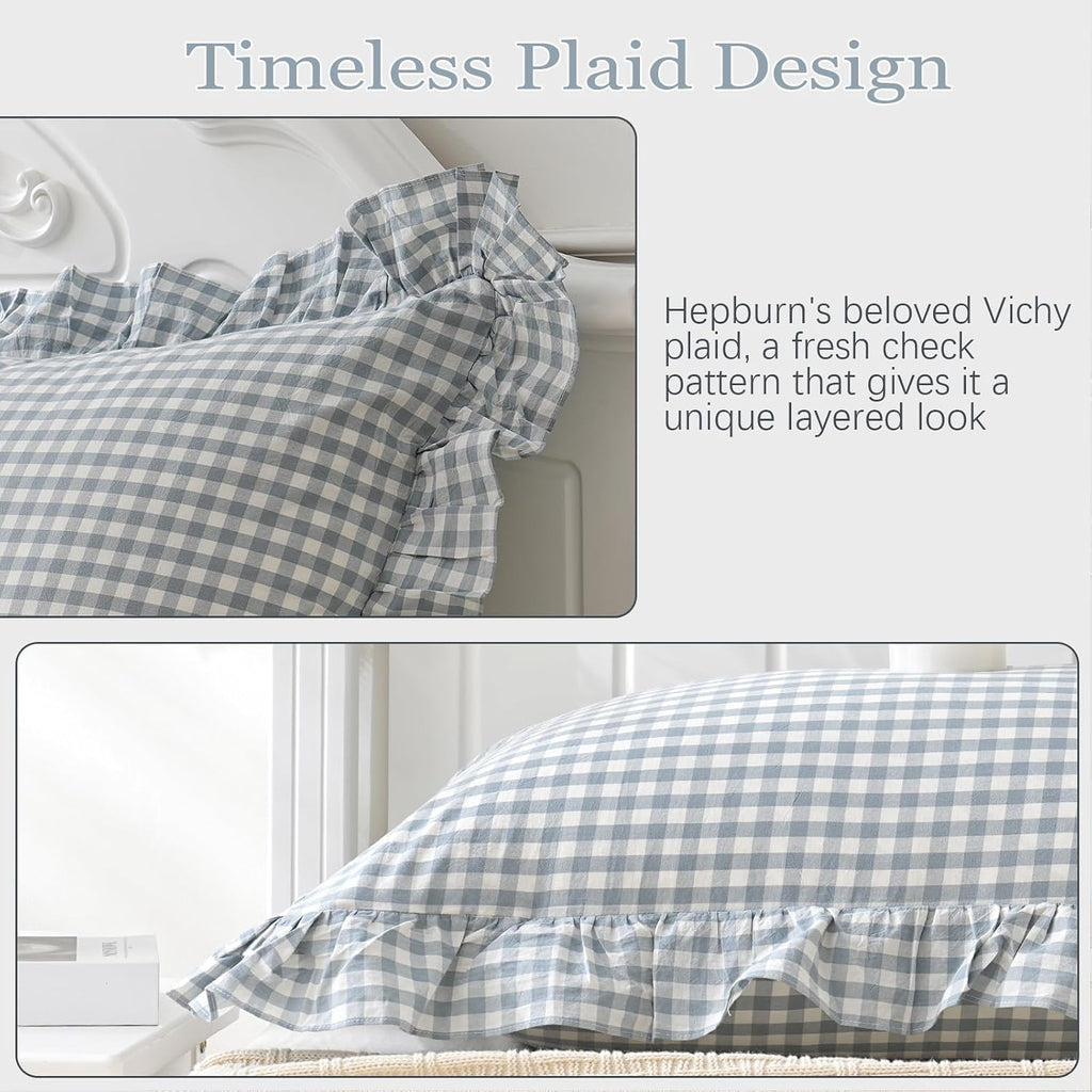 Qilunn Blue White Plaid Ruffled Body Pillow Sham Washed Cotton Shabby Checkered Gingham Pillow Cover 20"x54" Cotton Blue