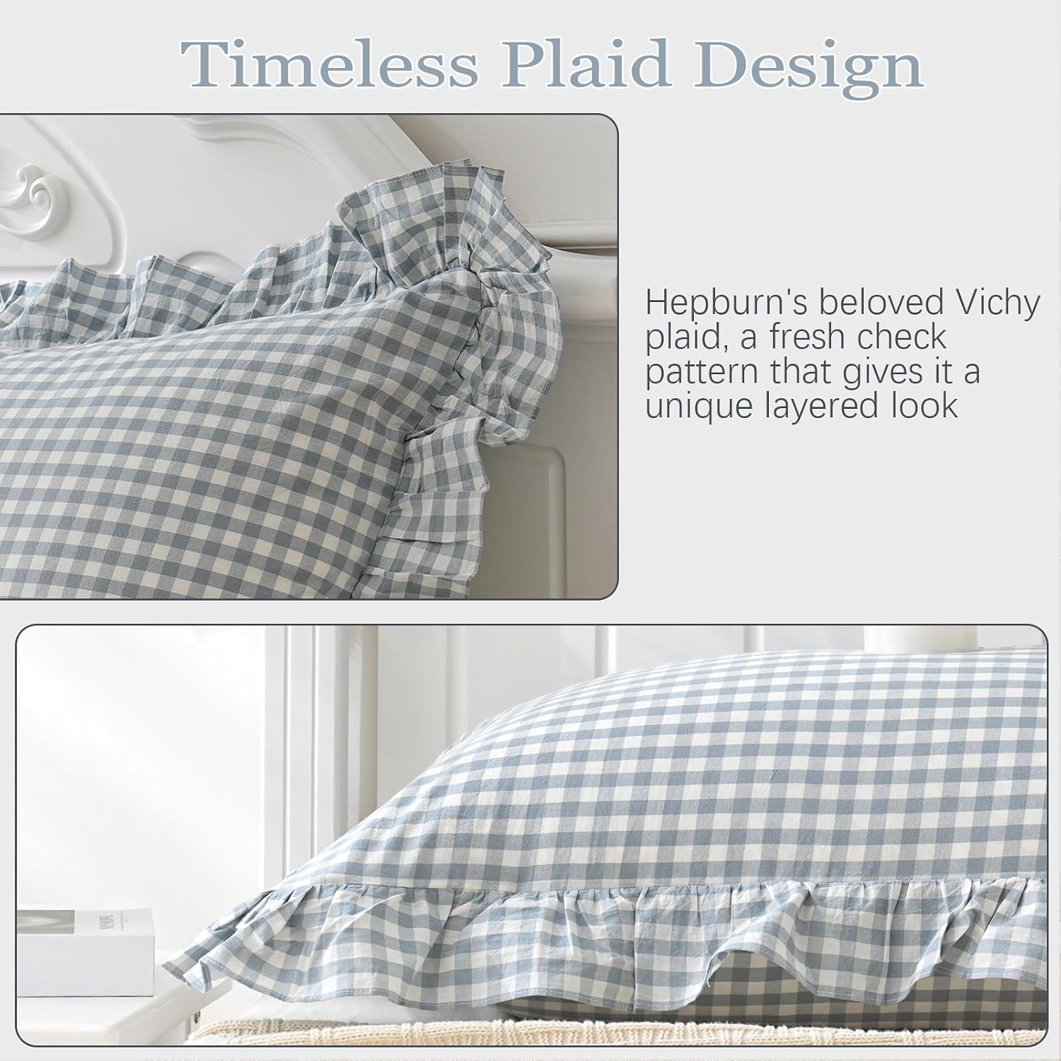 Qilunn Blue White Plaid Ruffled Body Pillow Sham Washed Cotton Shabby Checkered Gingham Pillow Cover 20"x54" Cotton Blue