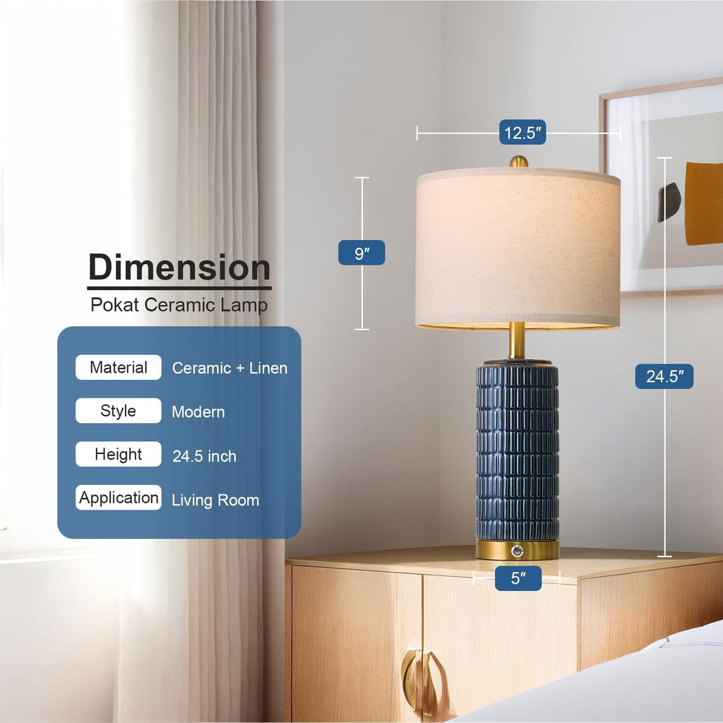 PoKat Touch Bedside Table Lamps with USB Ports for Bedroom, 25'' Dimmable Nightstand Touch Lamps for Living Room, Blue Ceramic Lamps with…