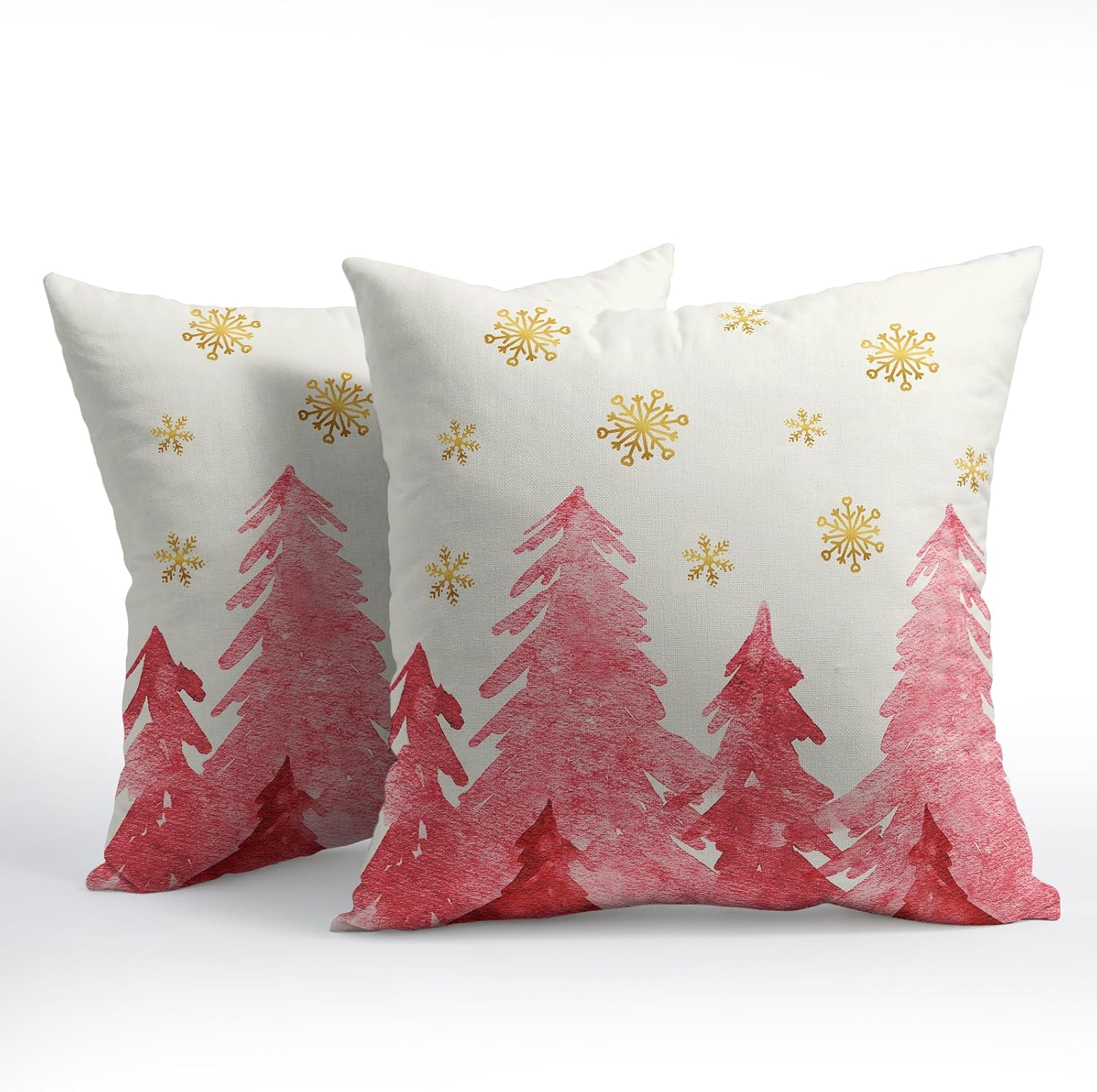 Christmas Tree Throw Pillow 18x18 Inch Set of 2 Cover Winter Christmas Pillowcase Pink Trees Golden Snowflake Decorative Cushion Cover…