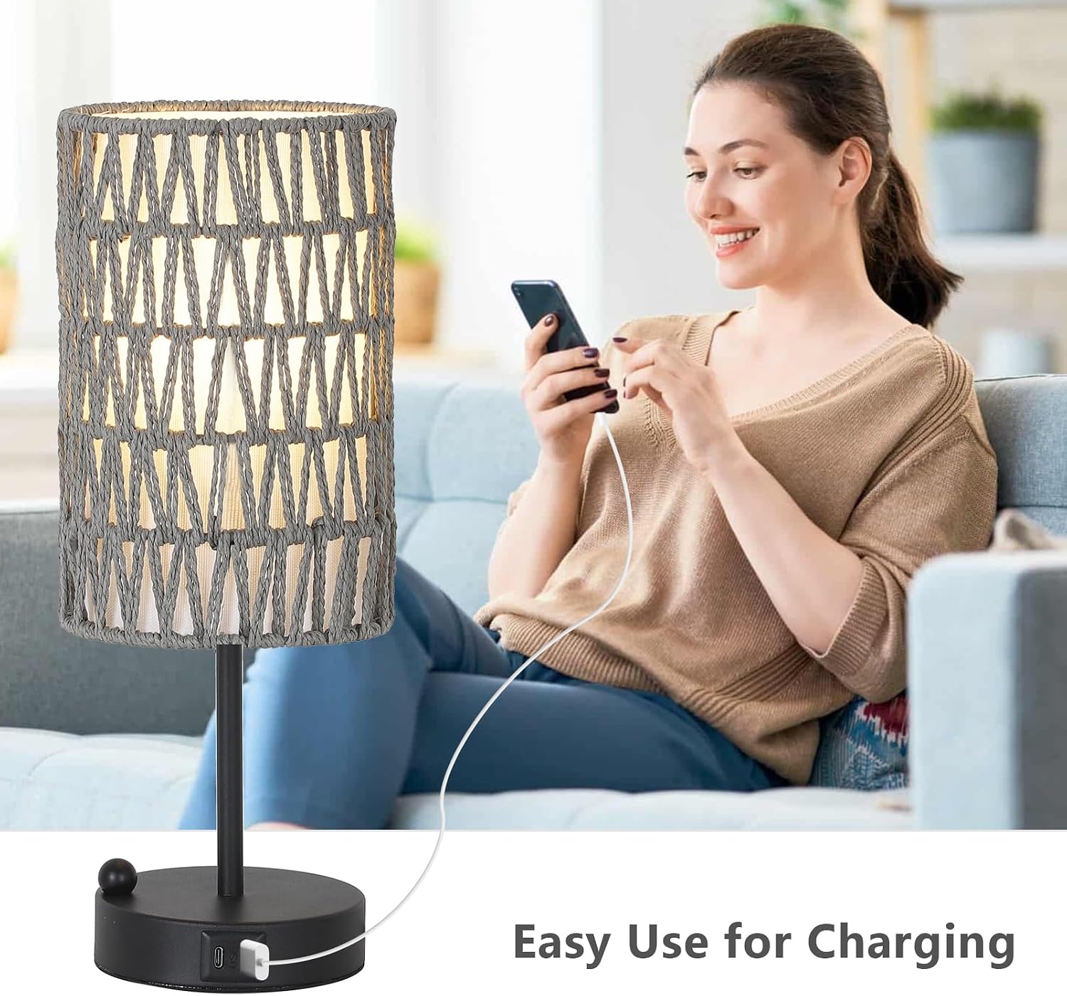 Touch Bedside Lamp For Bedroom with Bulb, Gray Boho Small Table Lamp For Living Room With Rattan & Linen Shade, 3 Way Dimmable Table Lamp…