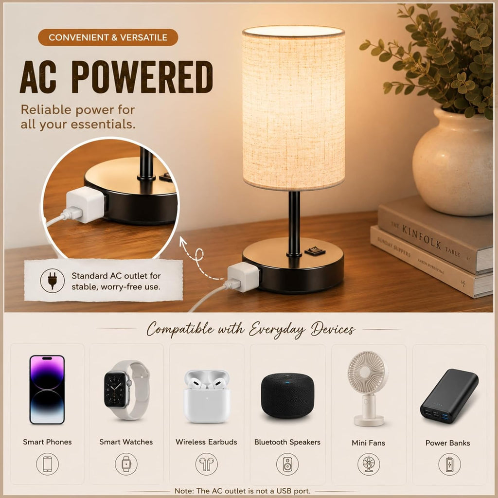 ZJOJO Table Lamp for Bedroom Set of 2, Bedside Small Lamps with 3 Way Dimmable Rocker Switch and AC Outlet, Nightstand Desk Lamp with…