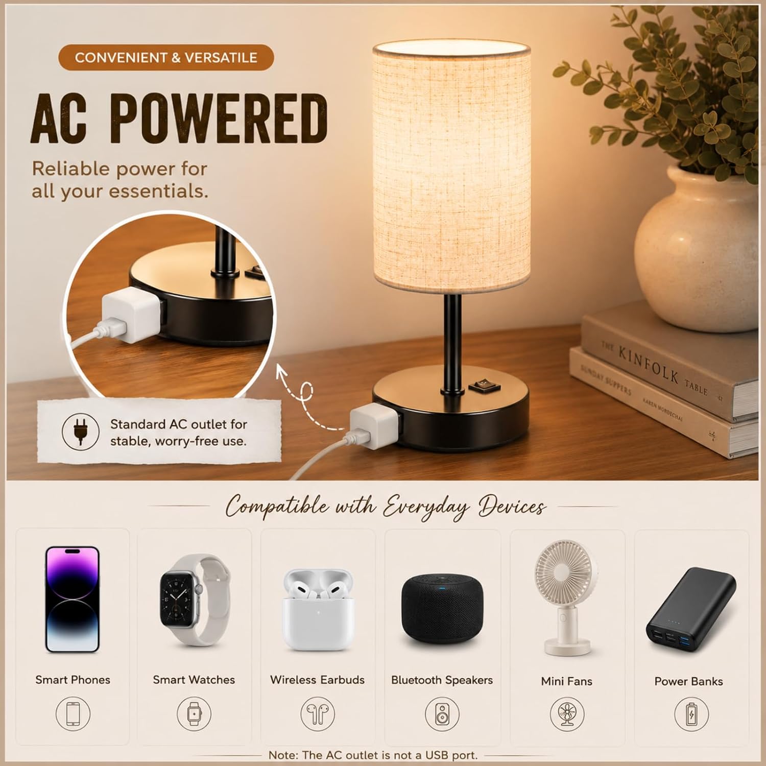 ZJOJO Table Lamp for Bedroom Set of 2, Bedside Small Lamps with 3 Way Dimmable Rocker Switch and AC Outlet, Nightstand Desk Lamp with…