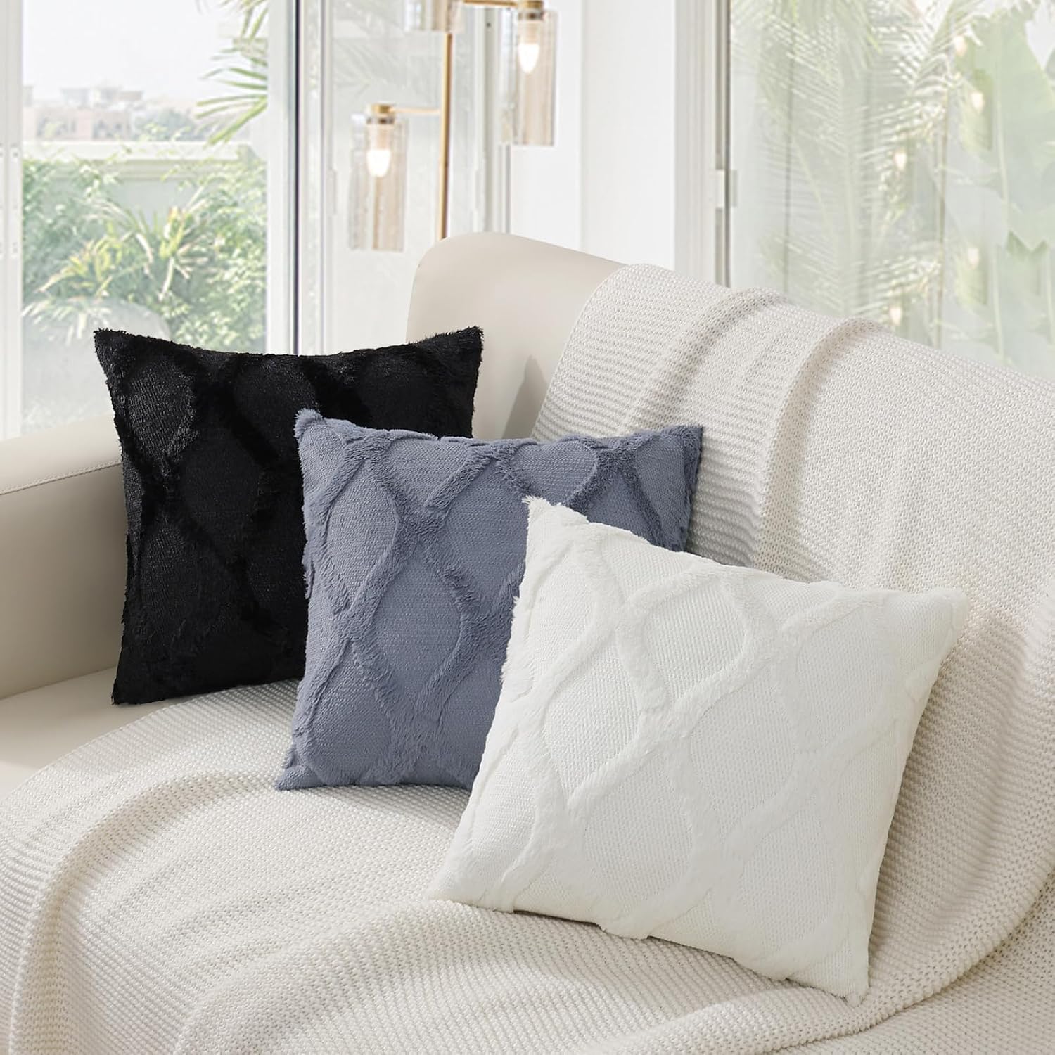 decorUhome Summer Euro Sham Throw Pillow Covers 24x24 Inch Set of 2, Soft Plush Faux Fur Wool Black Accent Couch Pillow Covers for Modern F…