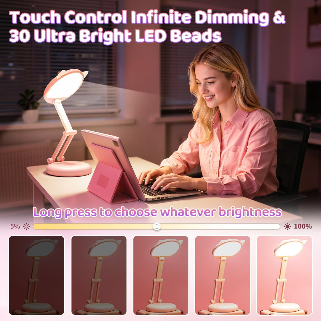 One Fire Cute Desk Lamp Pink Dorm Lamps for College Girls Foldable Portable Rechargeable Dimmable Cute Cat Lamp Kawaii Room Decor, College…
